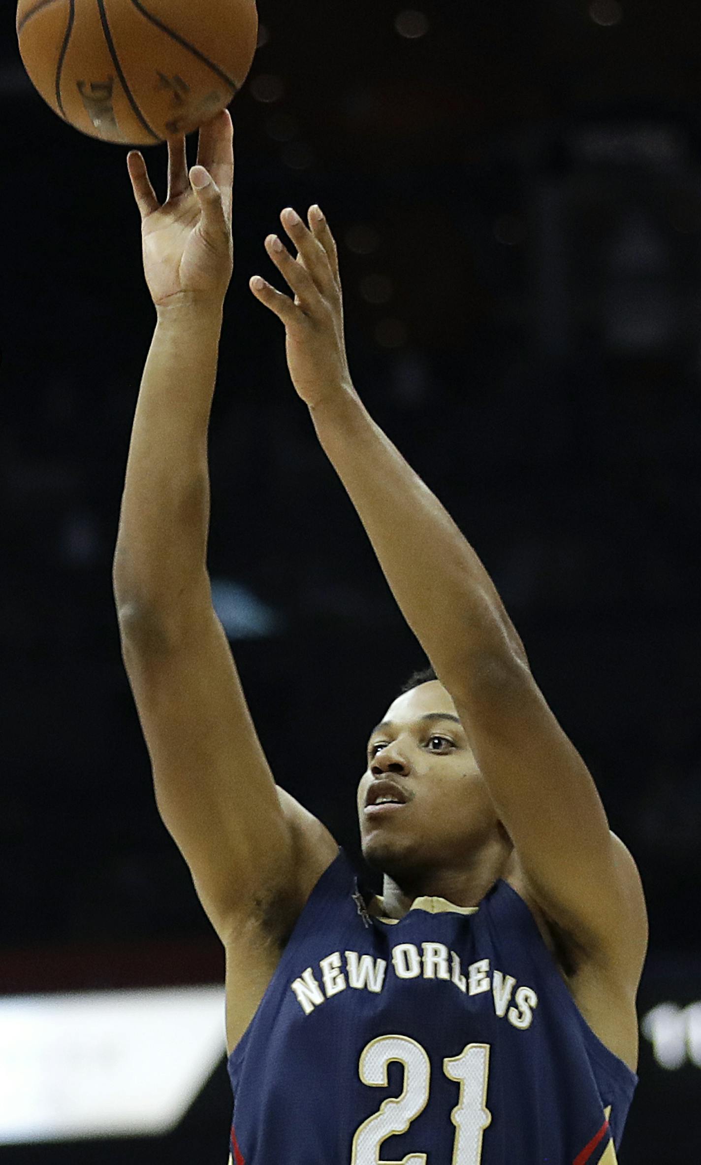 New Orleans Pelicans' Anthony Brown (21) shoots against Atlanta Hawks' Ryan Kelly in the fourth quarter of an NBA basketball game in Atlanta, Tuesday, Nov. 22, 2016. (AP Photo/David Goldman) ORG XMIT: GADG101