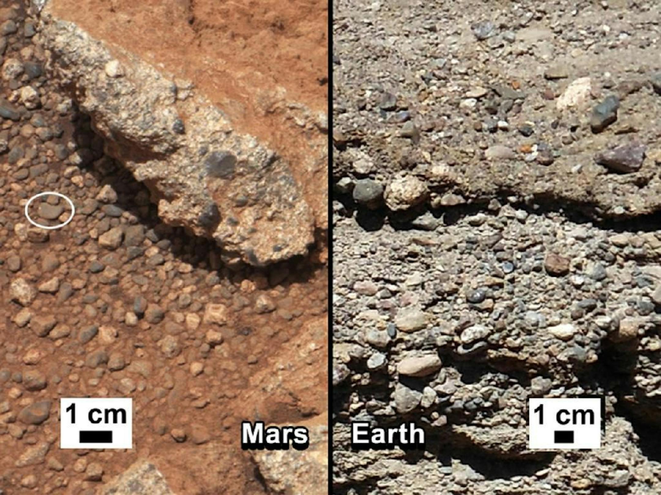 This image provided by NASA shows shows a Martian rock outcrop near the landing site of the rover Curiosity thought to be the site of an ancient streambed, next to similar rocks shown on earth. Curiosity landed in a crater near Mars' equator on Aug. 5, 2012, on a two-year mission to study whether the environment could have been favorable for microbial life.