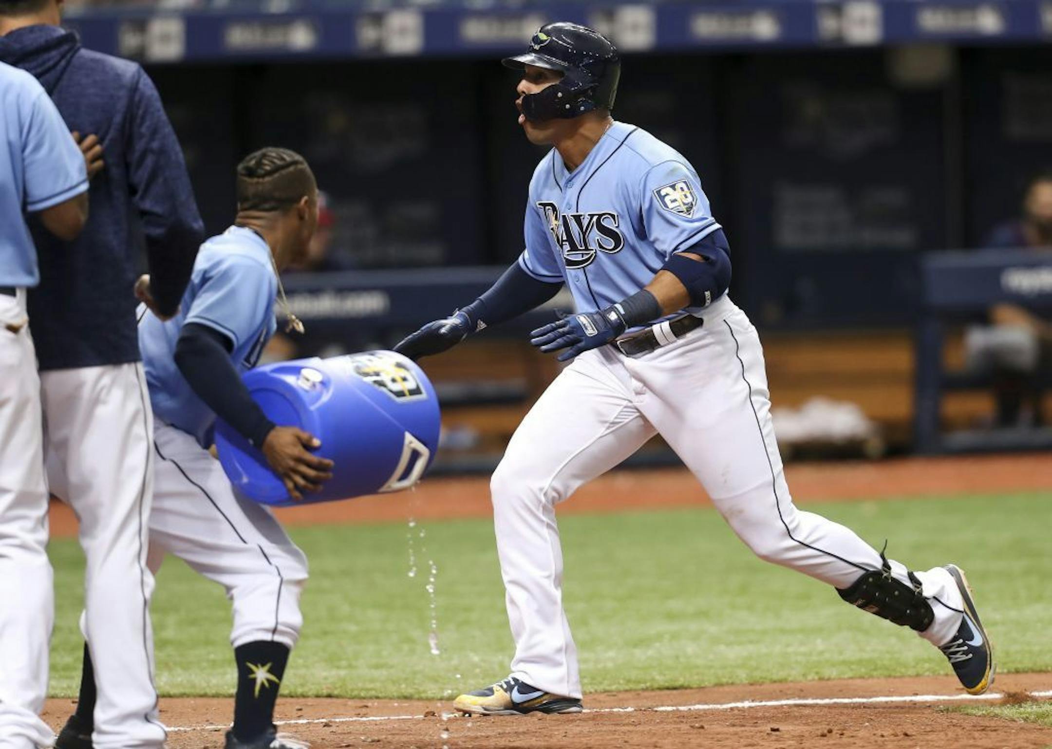 Tampa Bay Rays right fielder Carlos Gomez (27) celebrates after a homerun for a walkoff against the Minnesota Twins on Sunday, April 22, 2018 at Tropicana Field, in St. Petersburg, Fla. The Rays won, 8-6.