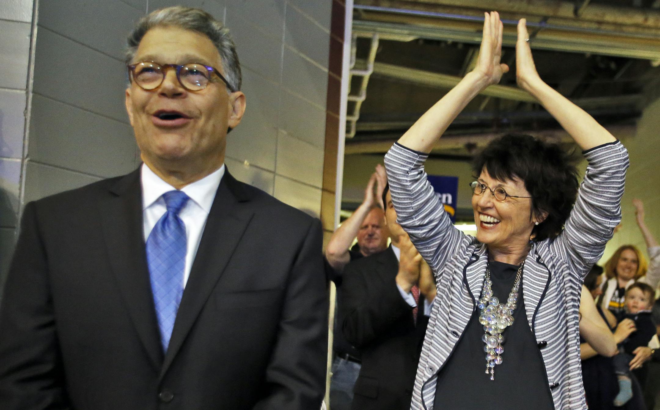 State Senator Al Franken heads to the stage to accept party endorsement. Wife Franni, right, approved her husband's endorsement.] DFL state convention . (MARLIN LEVISON/STARTRIBUNE(mlevison@startribune.com) ORG XMIT: MIN1405311739020091