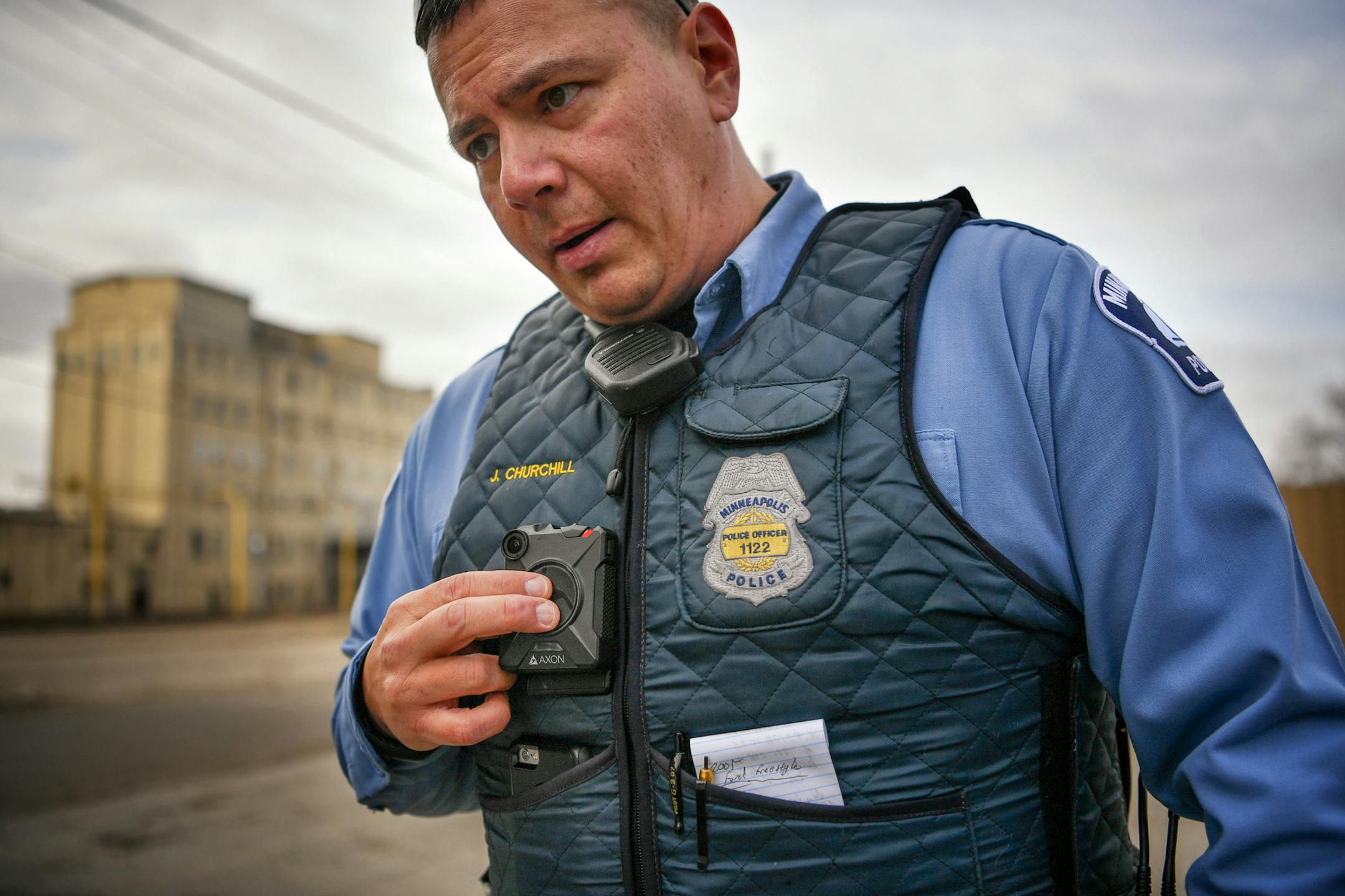 Minneapolis Police Officer Justin Churchill used his body camera on patrol in the third precinct. ] GLEN STUBBE ï glen.stubbe@startribune.com Thursday, February 16, 2017