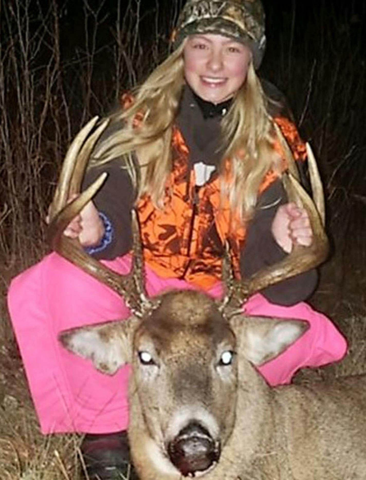 Erica Rand, 16, of Walker, shot this nice 8-point buck near Nevis while sitting in an enclosed stand with her grandfather. The sun was setting when the deer came straight out, 20 yards away. Grandpa Chuck had just enough time to steady her nerves and tell here where to shoot. &#x201c;It was a true hallmark moment,&#x201d; he said.