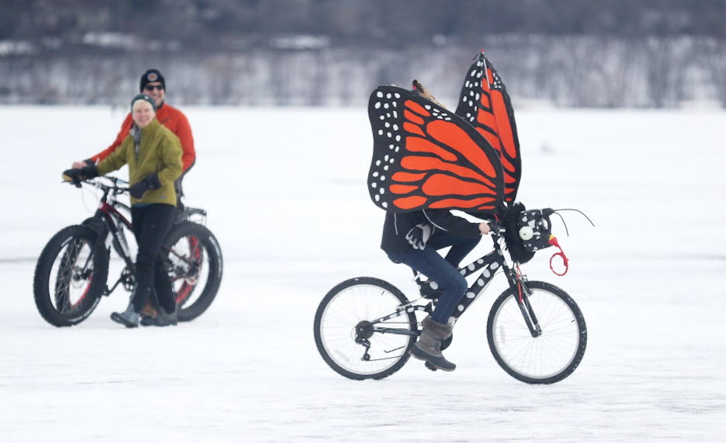 The&#x2020;2018 Art Shanty Projects transformed frozen Lake Harriet into a giant playground for adults and children Saturday, Jan. 20, 2018, in Minneapolis, MN. Here, Ellen Leier, 13, of Minneapolis drew some admiring stares as she rode around in a monarch bike, courtesy of the Monarch Butterfly Migrations Art Shanty.] DAVID JOLES &#xef; david.joles@startribune.com The&#x2020;2018 Art Shanty Projects On-Ice Program&#x2020;will be presented on Lake Harriet&#x2020;in the Linden Hills Neighborhood