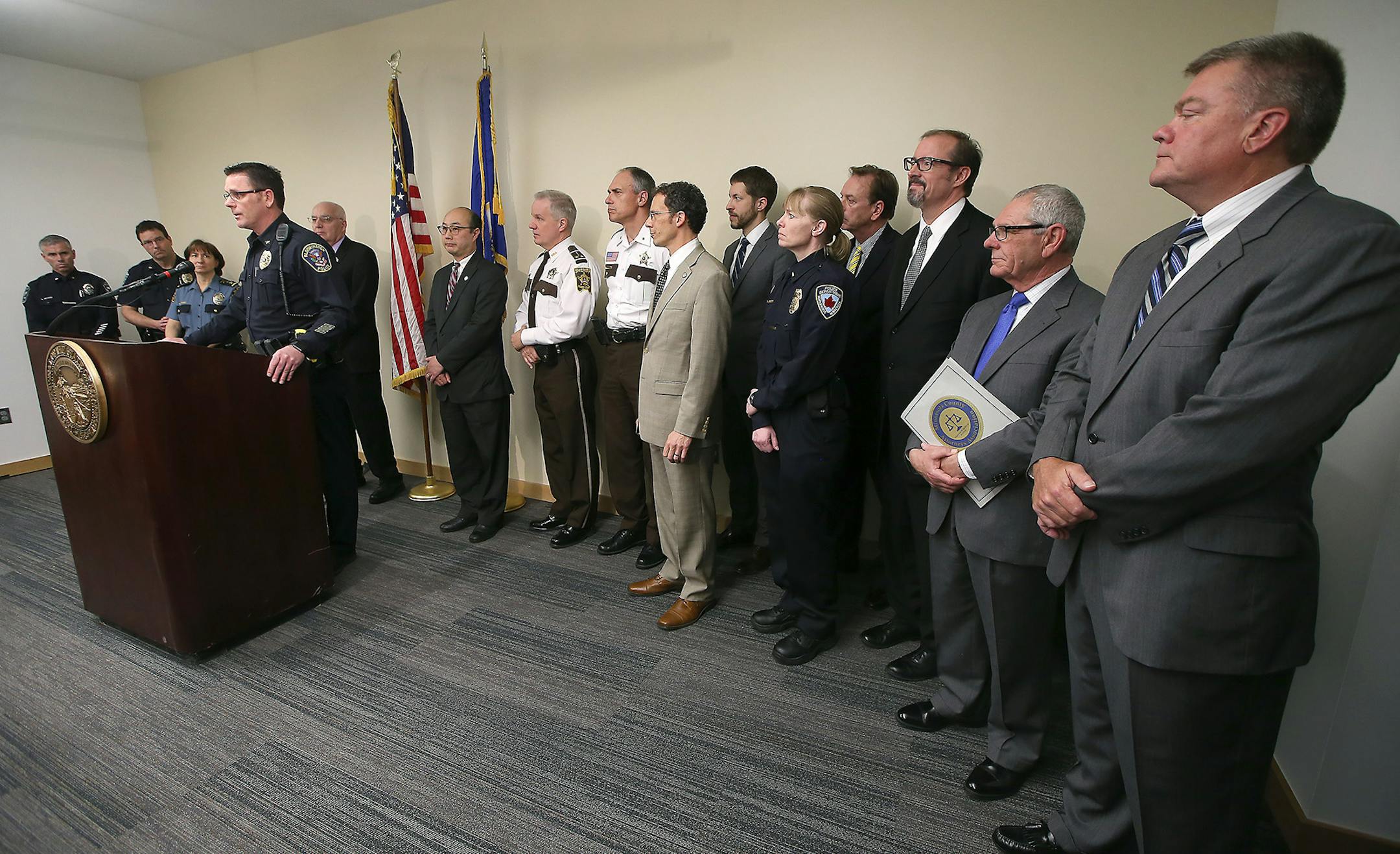 Bloomington Police Chief Jeff Pottts, at podium, joined legislators and other law enforcement officials as they announced a historic drug reform proposal at the Minnesota Senate Office Building, Friday, April 29, 2016 in St. Paul, MN. ] (ELIZABETH FLORES/STAR TRIBUNE) ELIZABETH FLORES • eflores@startribune.com