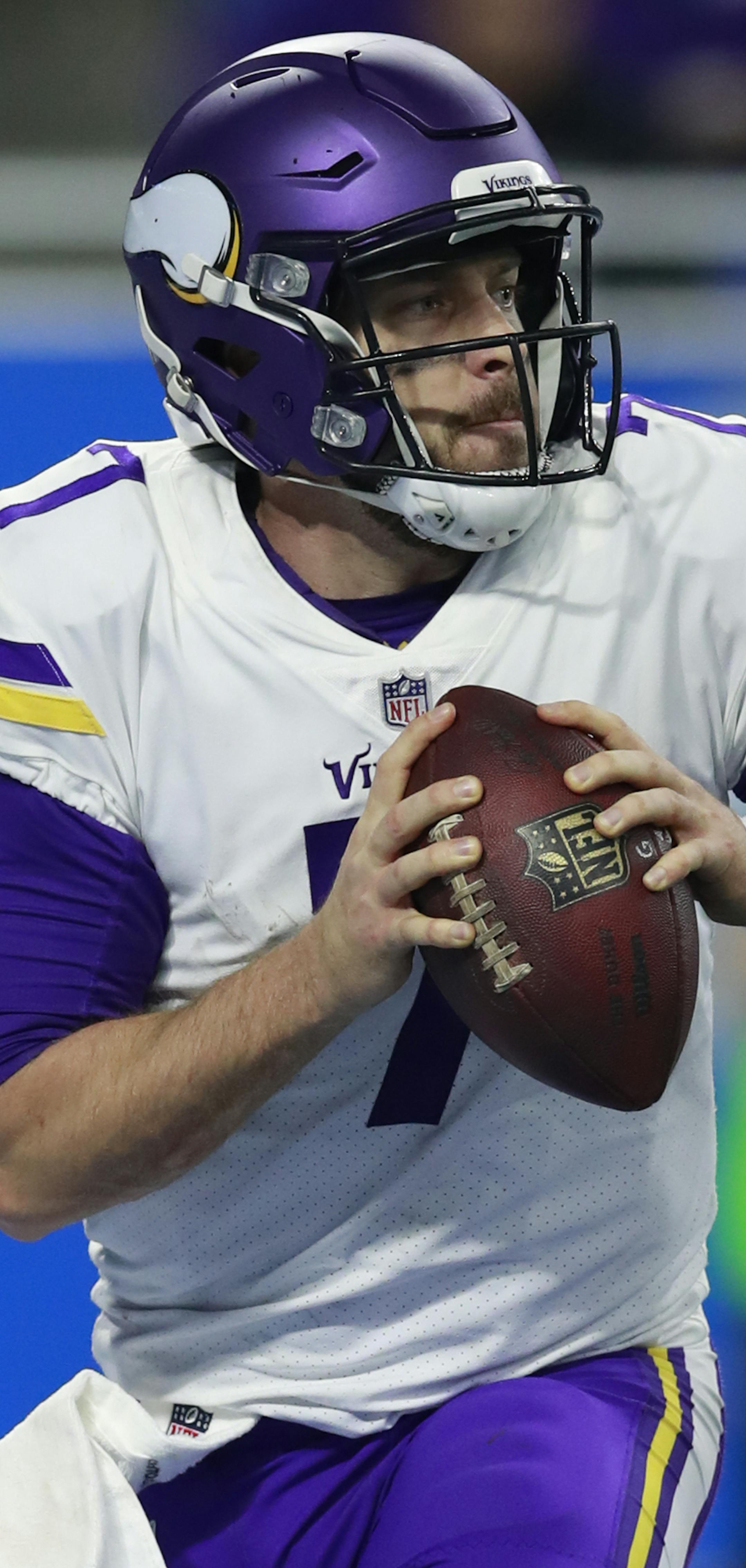 Minnesota Vikings quarterback Case Keenum (7) looks to throw a pass against the Detroit Lions during an NFL football game, Thursday, Nov. 23, 2017, in Detroit. The Vikings won the game 30-23. (Jeff Haynes/AP Images for Panini)