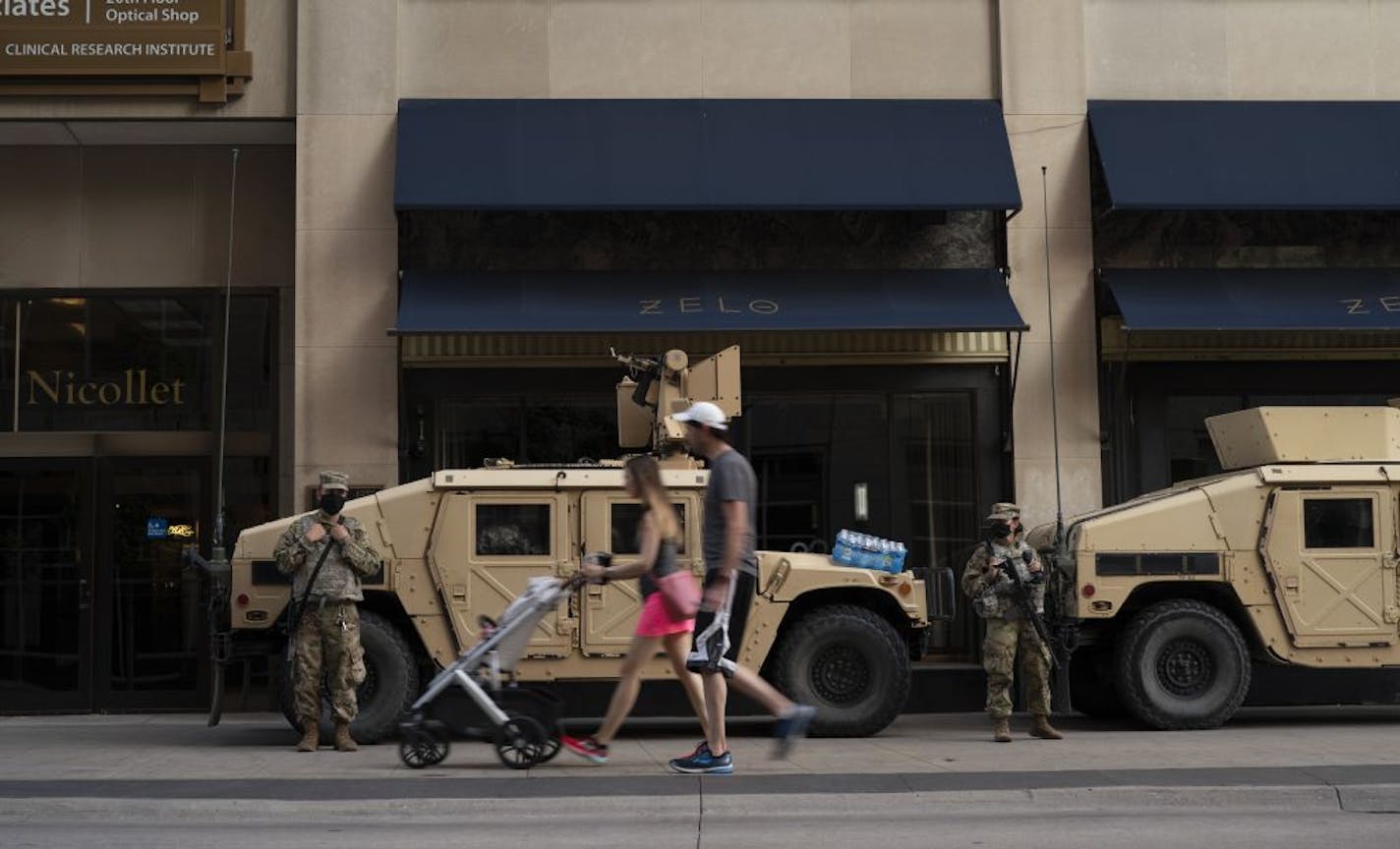 About an hour before curfew fell, there was a modest National Guard presence on the Nicollet Mall. Downtown Minneapolis was calm and under curfew Thursday night, August 27, 2020, a day after store windows were broken and fires were set.