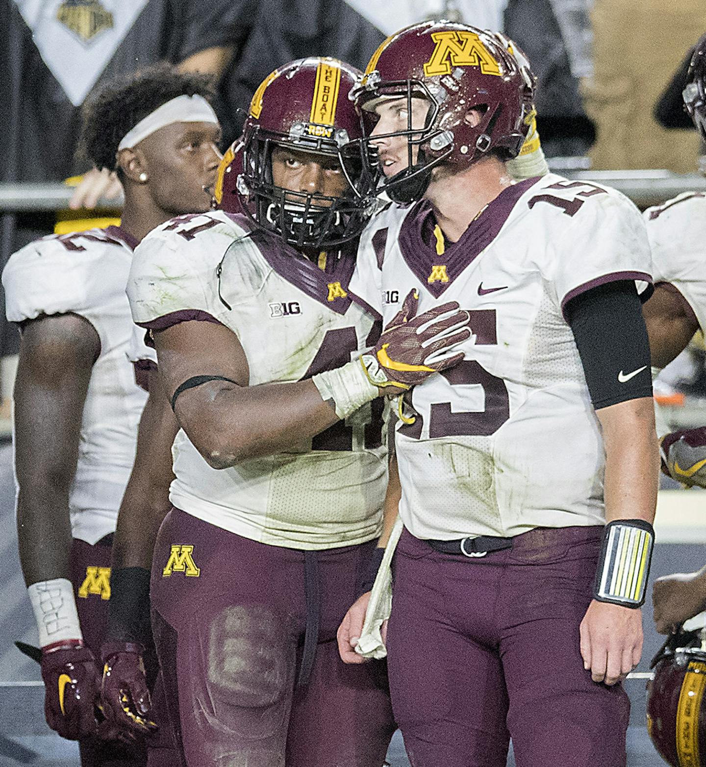 Minnesota's quarterback Conor Rhoda is comforted by teammates as Purdue clinched a 31-17 win over the Gophers at Ross&#xf1;Ade Stadium, Saturday, October 7, 2017 in West Lafayette, IN. ] ELIZABETH FLORES &#xef; liz.flores@startribune.com