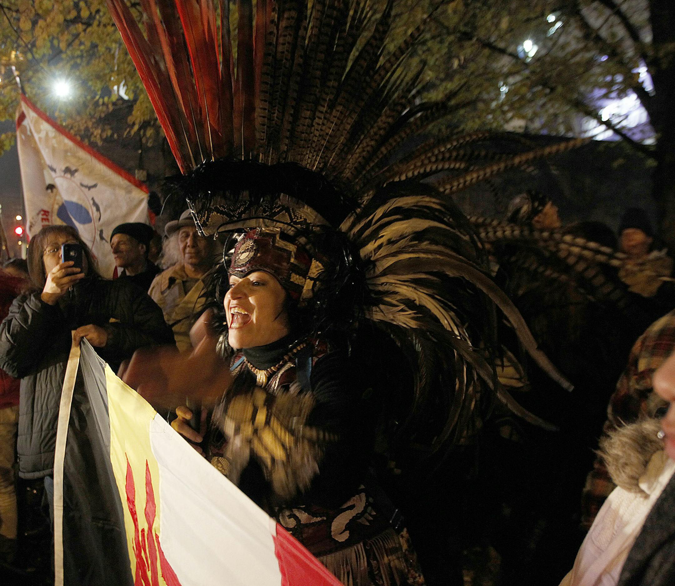 Calling Washington's Redskins nickname a racist slur, several hundred protesters rallied at the Mall of America Field, Thursday, November 7, 2013 in Minneapolis, MN. The rally started at the American Indian Movement Interpretive Center then continued to march to the field for a demonstration, where the Vikings are playing the team, the Washington Redskins, with what the protesters call the 'R' word mascot. (ELIZABETH FLORES/STAR TRIBUNE) ELIZABETH FLORES • eflores@startribune.com
