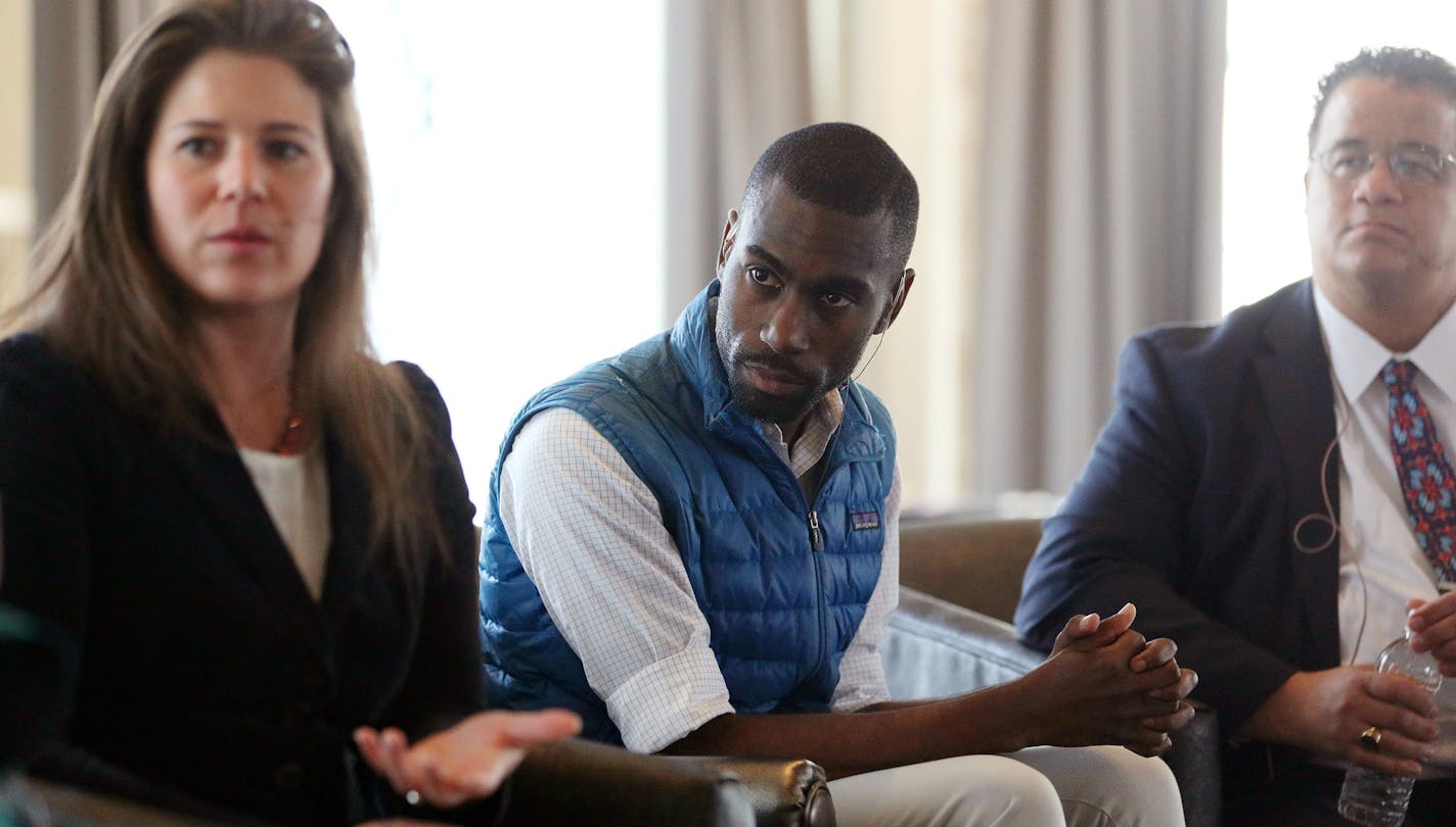 DeRay McKesson, one of the founders of the Black Lives Matter movement, sat with moderator Anita Patel, left, on a panel after giving the keynote address at the Charities Review Council forum on equity and inclusion Tuesday. ] ANTHONY SOUFFLE &#xef; anthony.souffle@startribune.com DeRay McKesson, a former Minneapolis Public Schools HR director, who drove down to Ferguson, Mo., after a white police officer shot a black man in the street and helped shape the Black Lives Matter Movement, was the ke