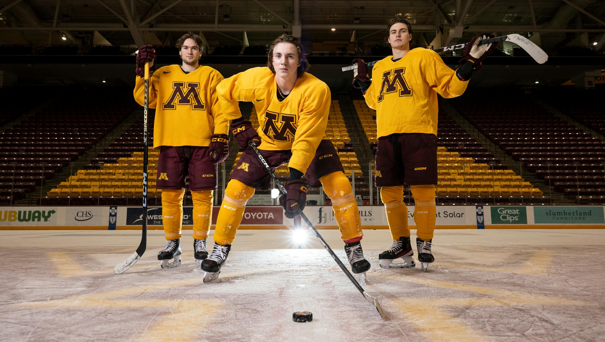 From left, Gophers forwards Jimmy Snuggerud, Logan Cooley and Matthew Knies have formed one of the most potent lines in college hockey.