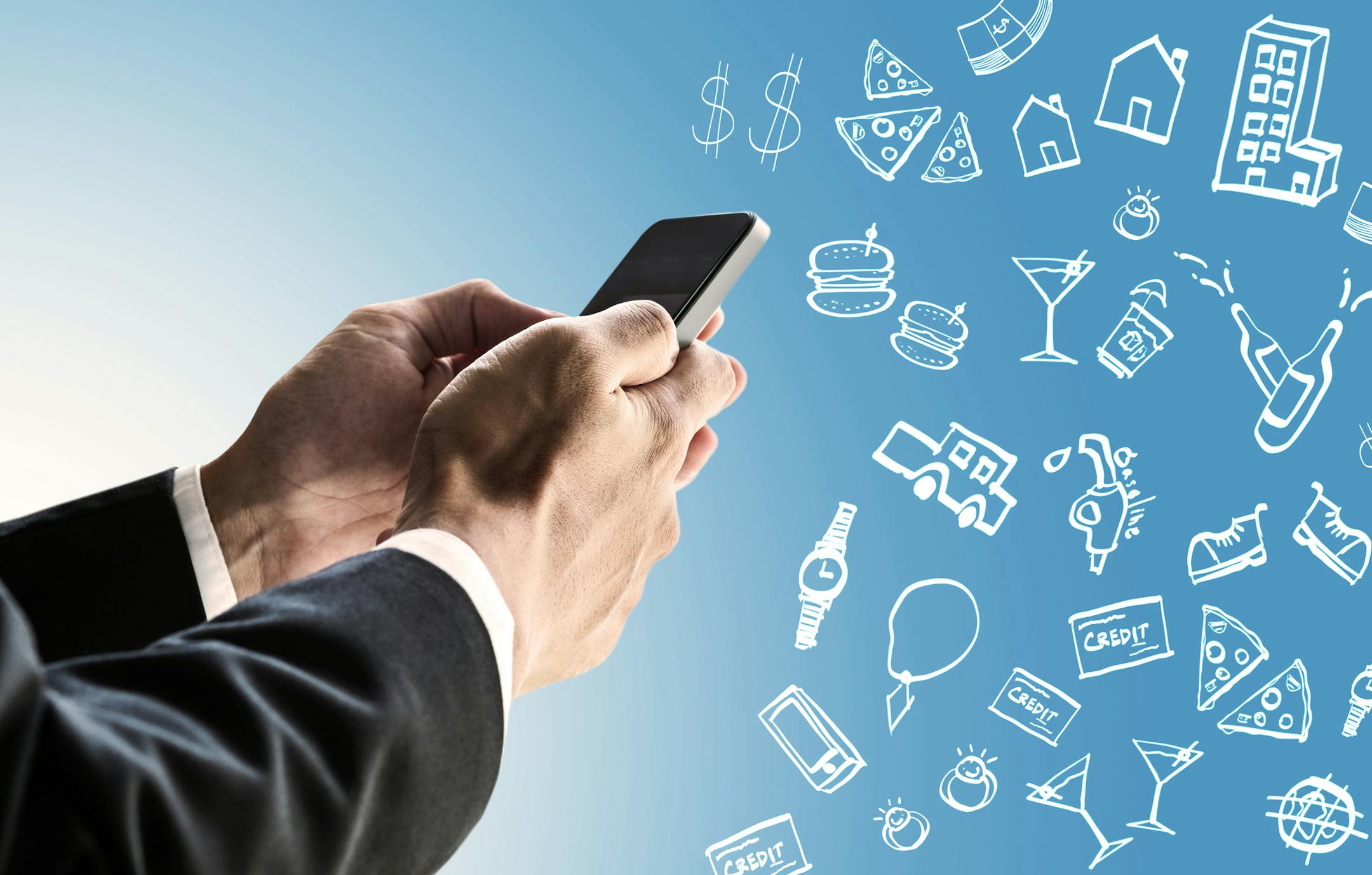 Businessman using smartphone with expense doodle images, paying bills online by smartphone concept