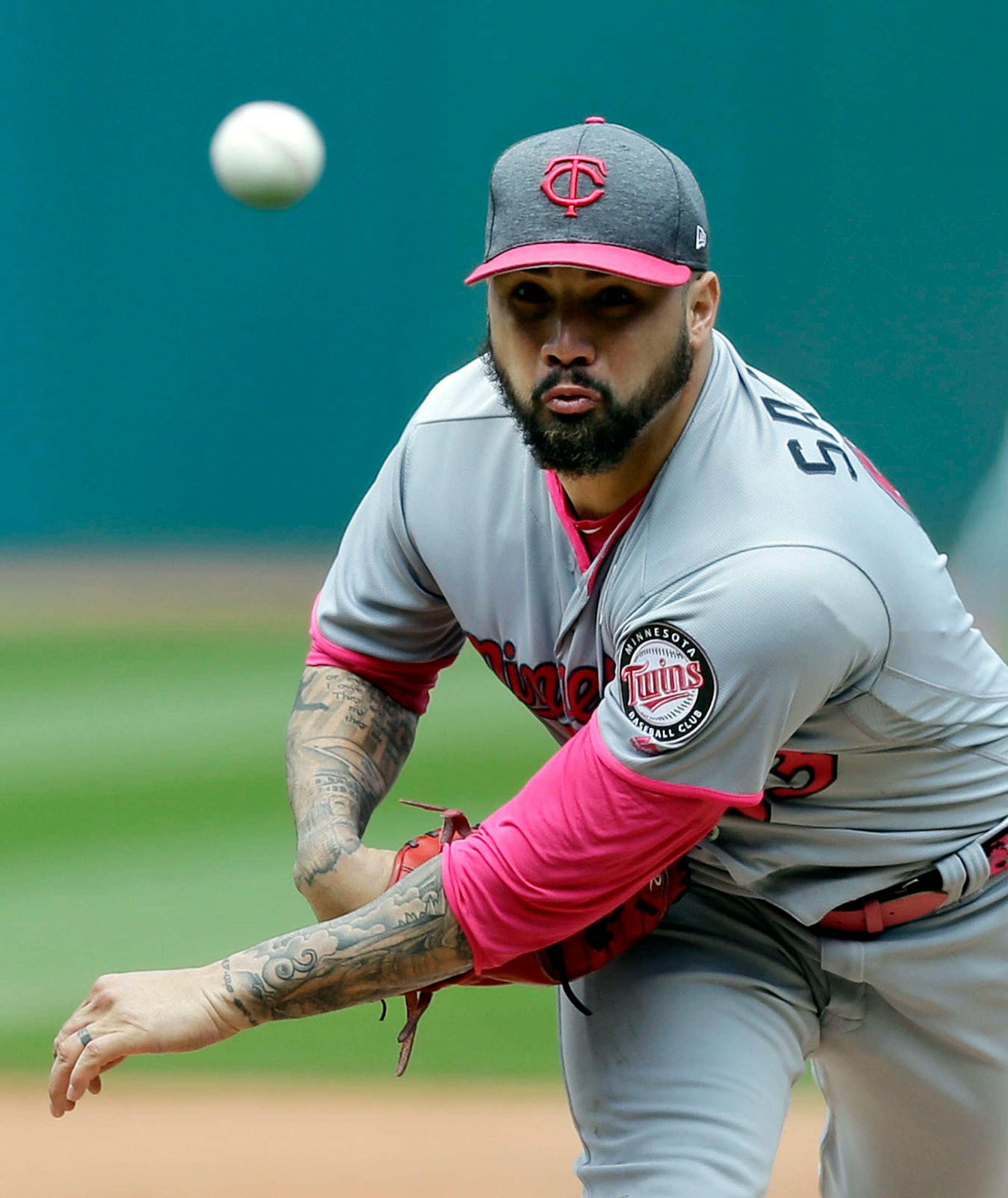 Minnesota Twins' Hector Santiago delivers in the first inning of a baseball game against the Cleveland Indians, Sunday, May 14, 2017, in Cleveland.