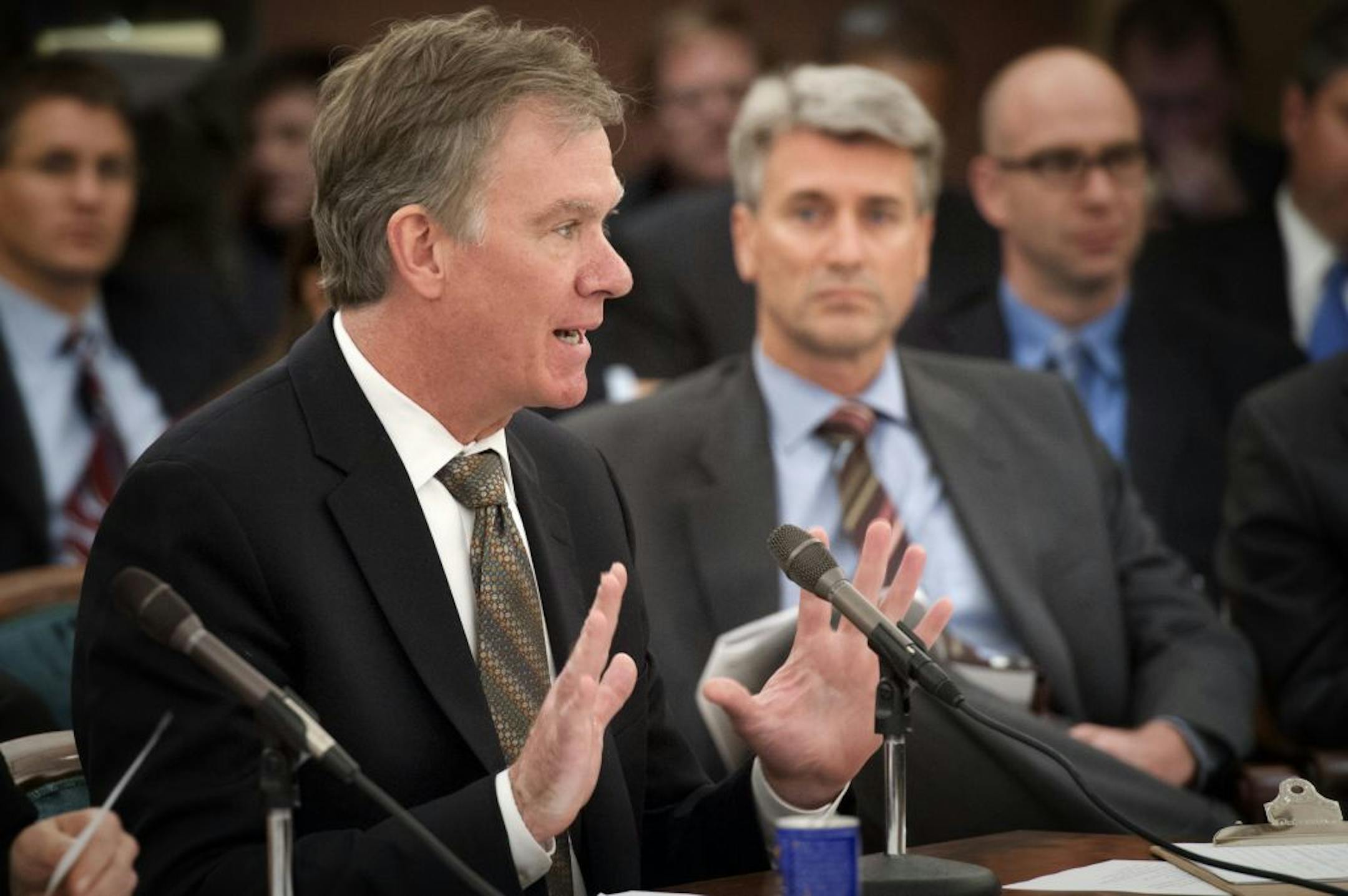 Minneapolis Mayor R.T. Rybak looked on as St. Paul Mayor Chris Coleman testified about St. Paul being treated fairly in the stadium bill process, Wednesday, April 25, 2012,