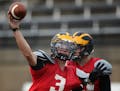 Gustavus Adolphus quarterback Mitch Hendricks worked out with the team at a recent practice at Hollingsworth Field on the campus in St. Peter. ] JIM G