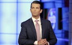 In this July 11, 2017, photo, Donald Trump Jr. is interviewed by host Sean Hannity on the Fox News Channel television program, in New York.