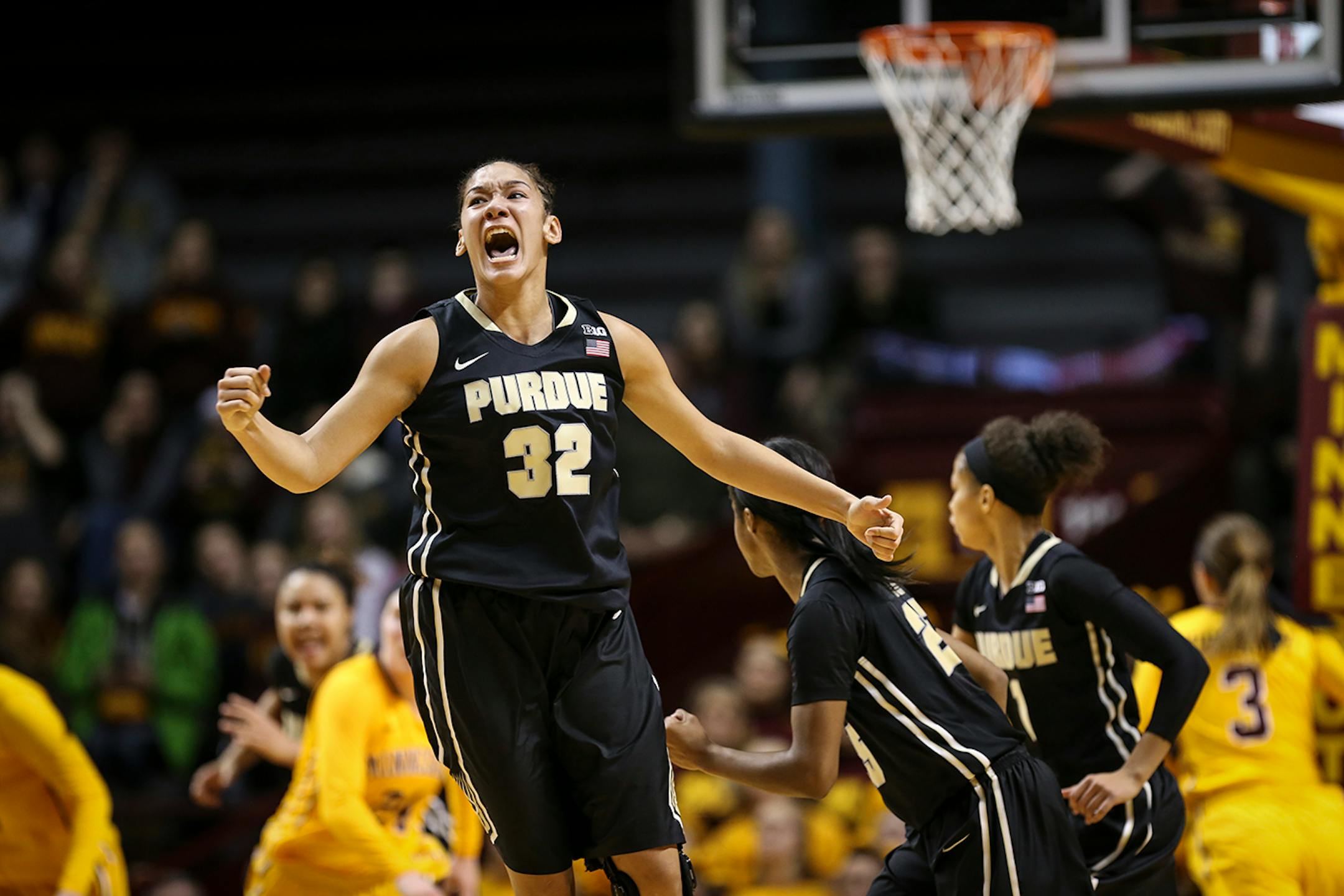Purdue's Whitney Bays (32) celebrated her game-winning shot in overtime. ] RENEE JONES SCHNEIDER • reneejones@startribune.com Minnesota Gophers women's basketball verse. Purdue Boilermakers at Williams Arena at the University of Minnesota on Thursday, January 22, 2015 in Minneapolis, Minn.