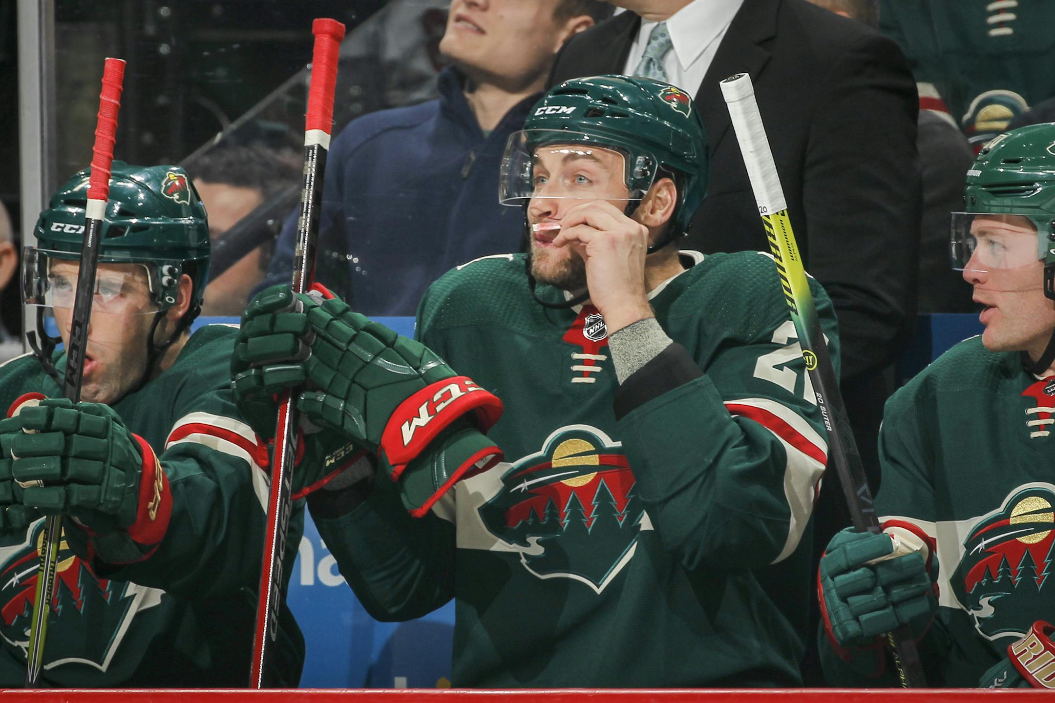 Carson Soucy with smelling salts.
Carson Soucy with smelling salts.
NHL: Los Angeles Kings at Minnesota Wild &#xa9;2019 MN Wild/photo by Bruce Kluckhohn
#612-929-6010
bruce@brucekphoto.com ORG XMIT: 775375678