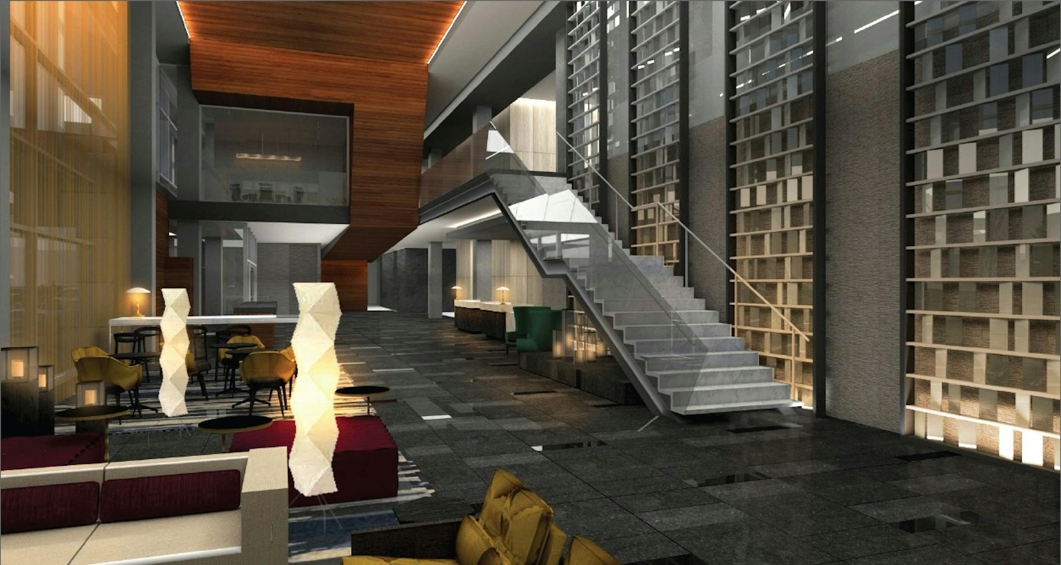 A rendering of the reception area conceived for the Intercontinental Hotel at Minneapolis/St. Paul International Airport. The hotel will link to Terminal 1 by a new skyway.
