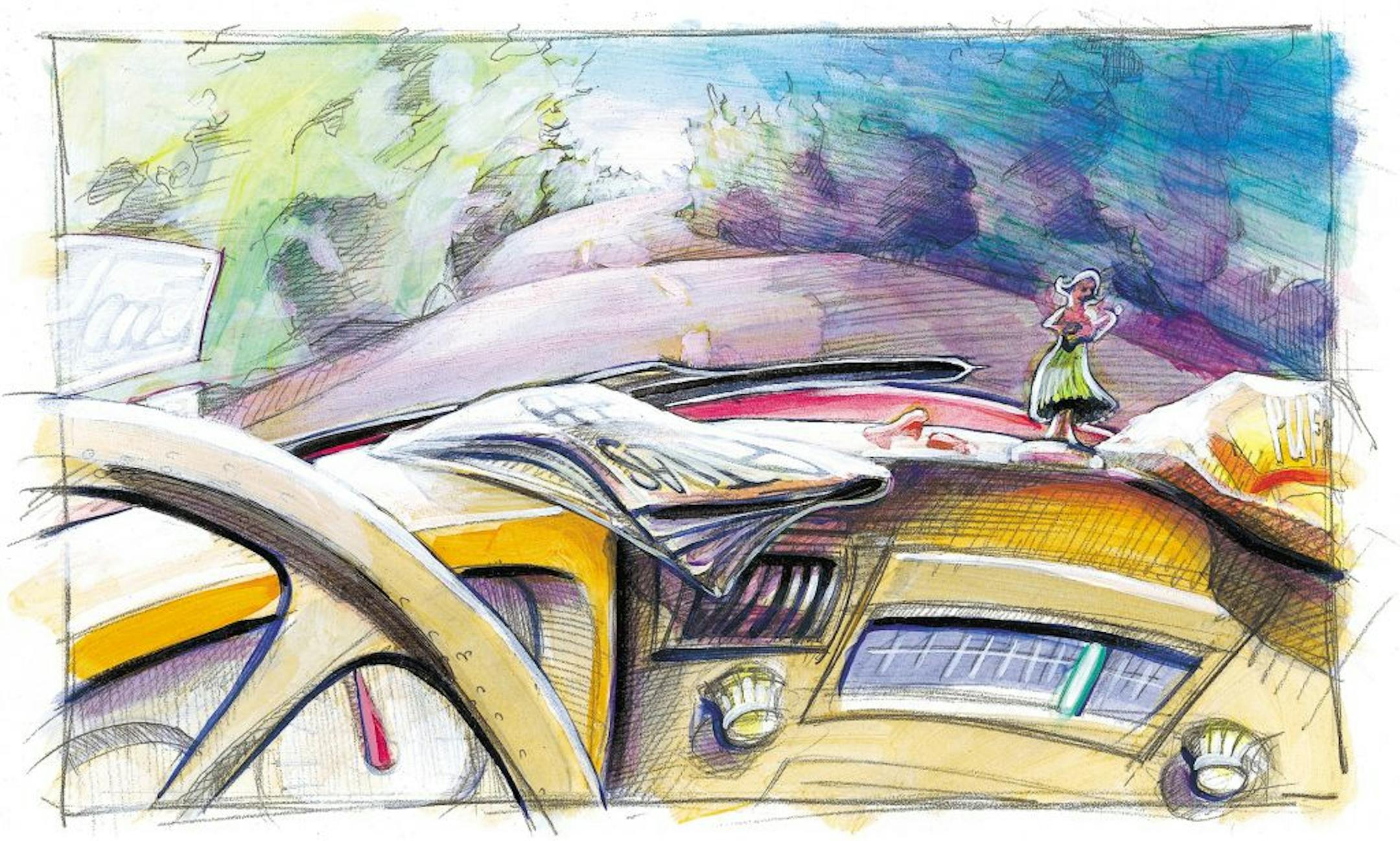 200 dpi 5 col. x 6.5 inches/276x165 mm/940x562 pixels James Forrest color illustration of a car dashboard cluttered with a map book, snacks and hula doll, and a view of the road ahead through the front window. The Dallas Morning News 2000 With ROADTRIPS, The Dallas Morning News
