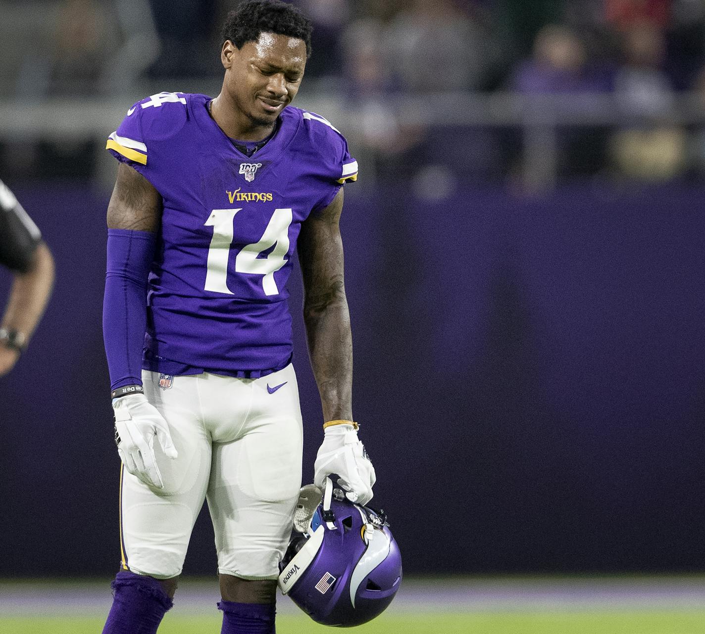 Minnesota Vikings Stefon Diggs (14) reacted after watching a replay of an interception in the third quarter. ] CARLOS GONZALEZ &#x2022; cgonzalez@startribune.com &#x2013; Minneapolis, MN &#x2013; December 23, 2019, U.S. Bank Stadium, NFL, Minnesota Vikings vs. Green Bay Packers