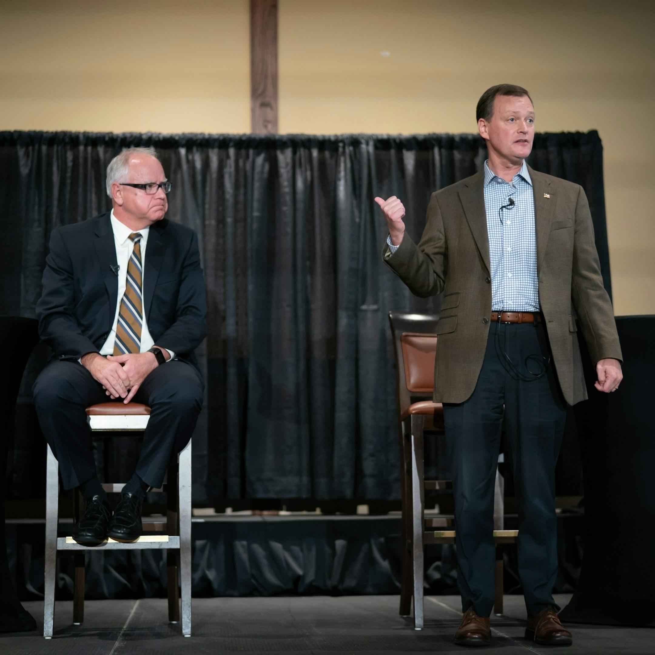 Each candidates for governor, Tim Walz and Jeff Johnson, stood as they made their closing arguments at the end of their first debate at Grand View Lodge, Nisswa, MN. Tom Hauser of KSTP moderated the debate.