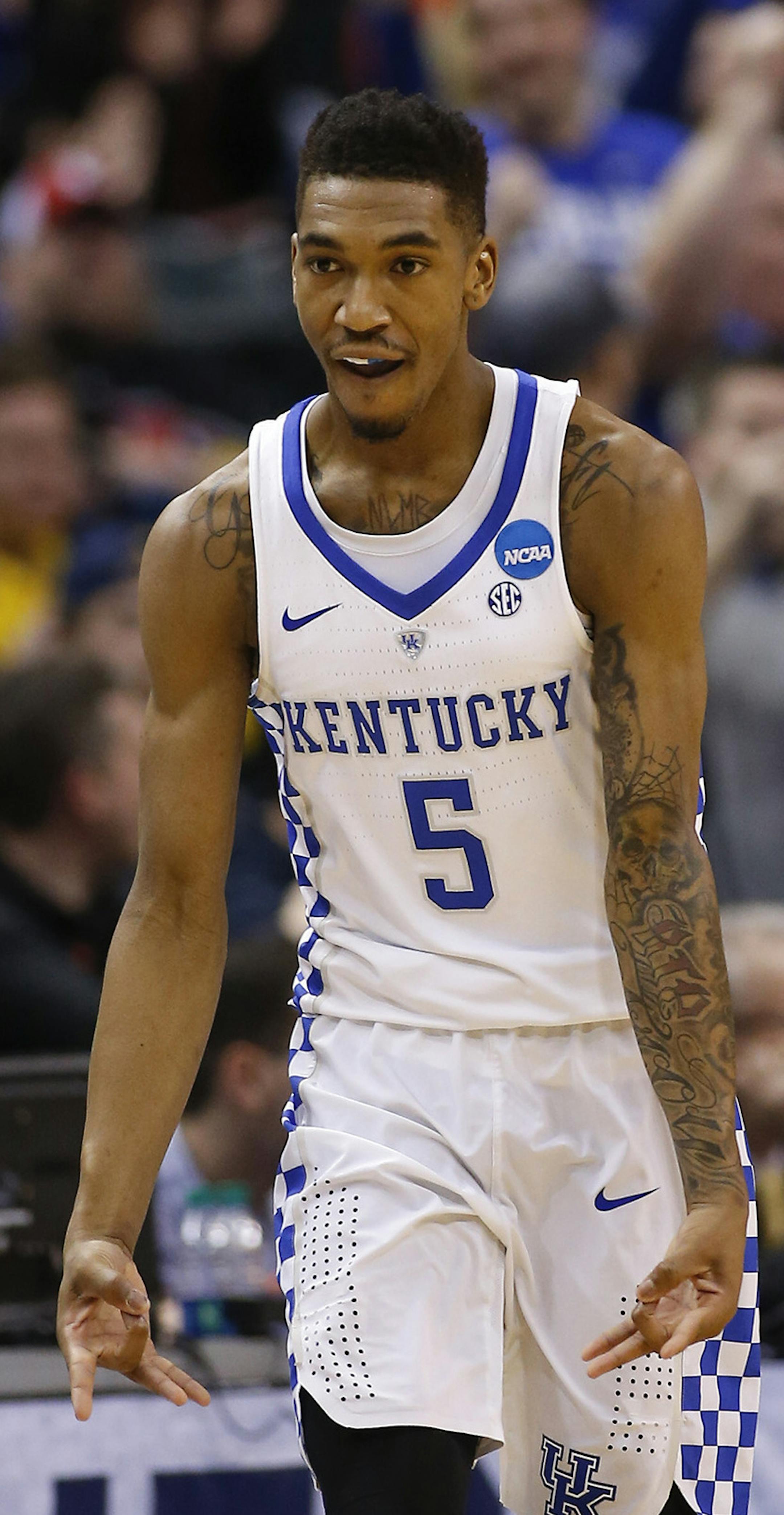 Kentucky's Malik Monk (5) reacts after hitting a three-pointer against Wichita State on March 19, 2017, in Indianapolis. (Sam Riche/TNS) ORG XMIT: 1203678