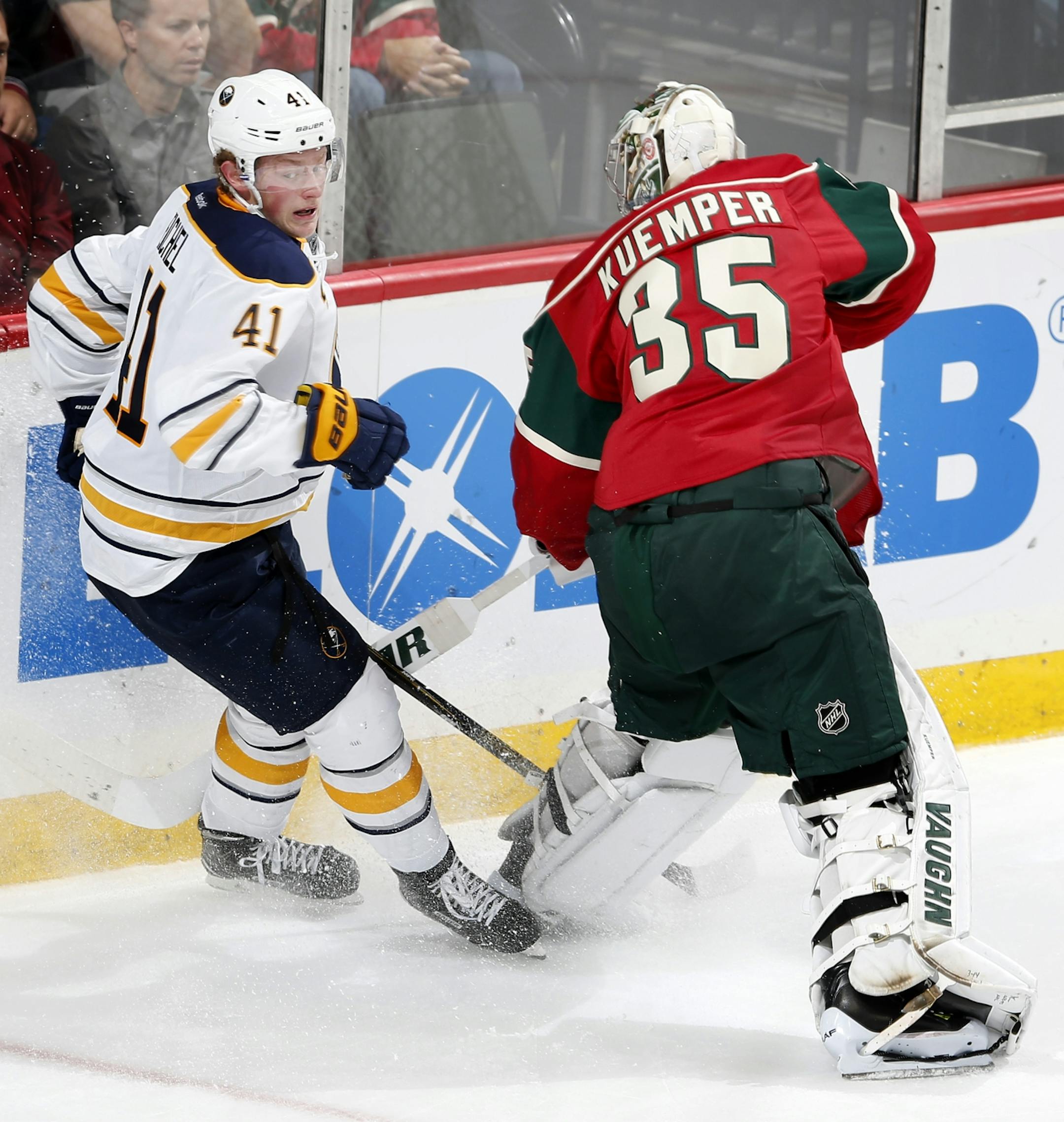Jack Eichel (41) of the Buffalo Sabres skated near Minnesota Wild goalie Darcy Kuemper (35) in the second period.