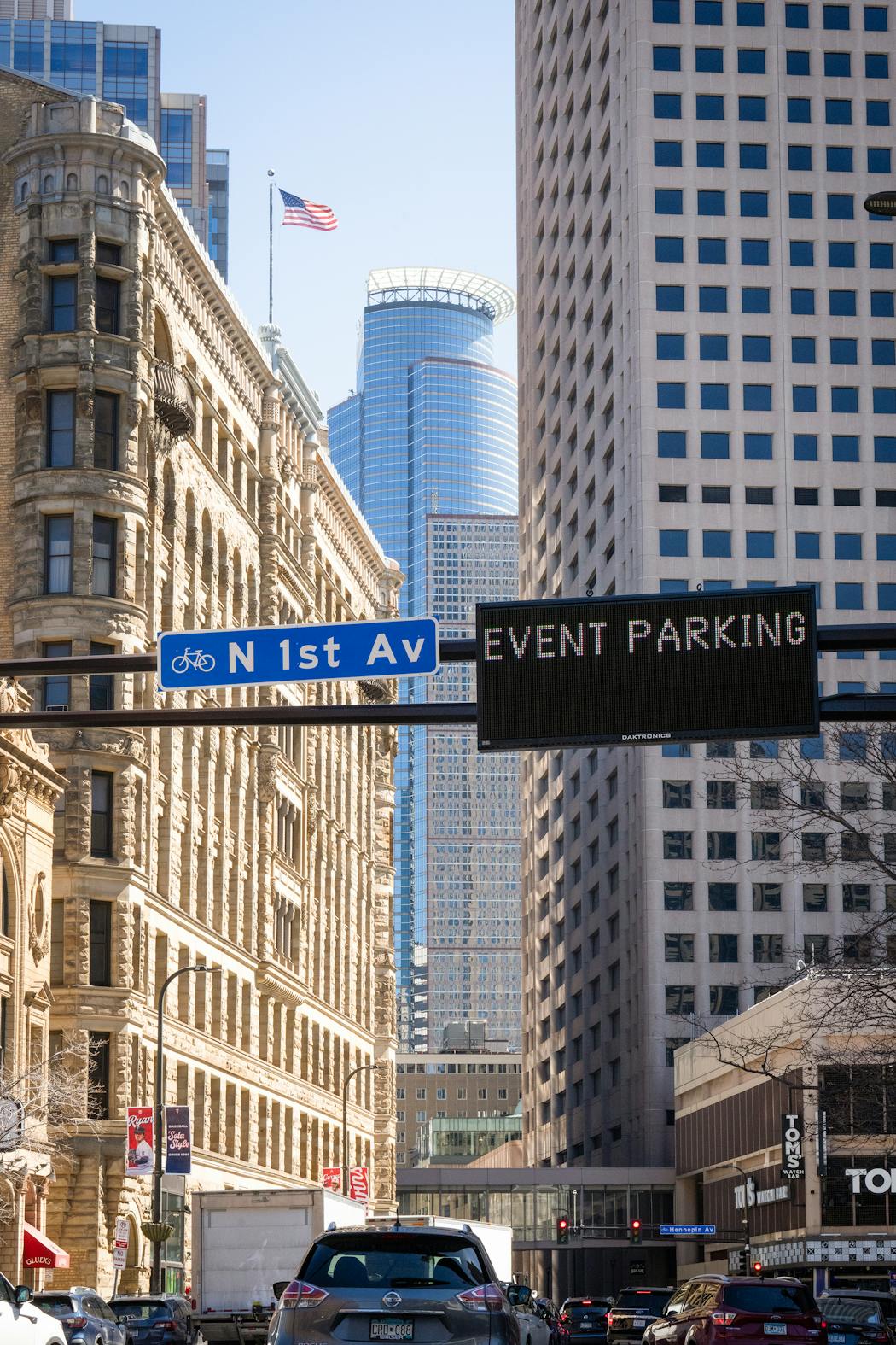 The intersection of 1st Avenue N. and N. 6th Street in downtown Minneapolis.