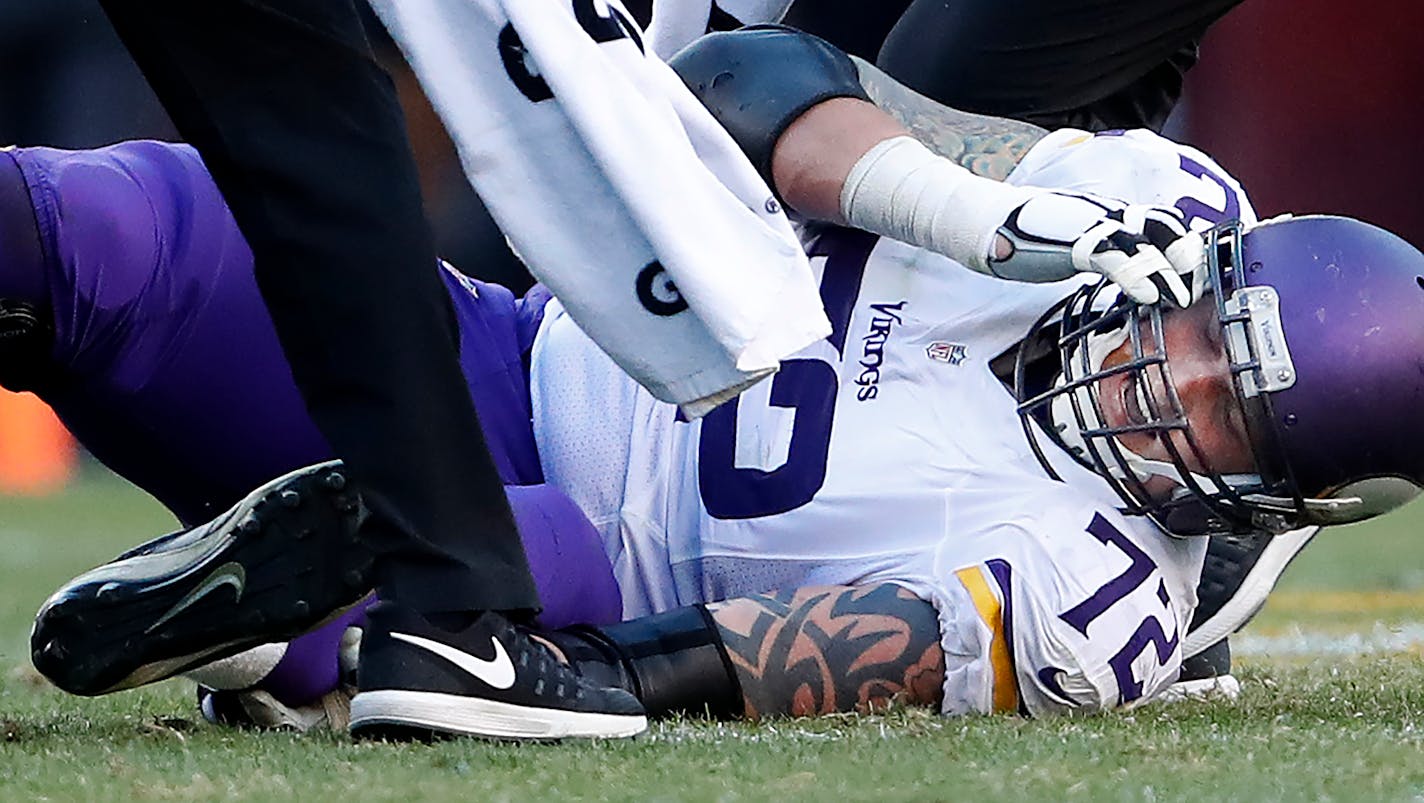 Vikings tackle Jake Long (72) left the game in the fourth quarter due to an injury.