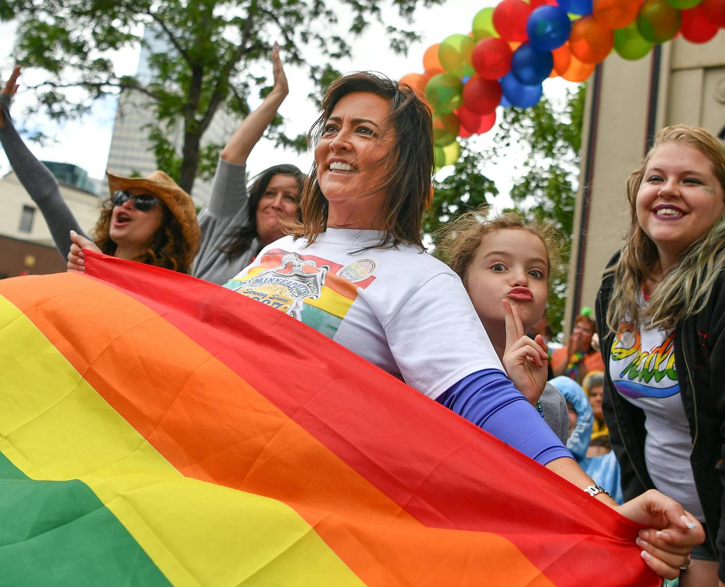 Minneapolis Police Chief Jane&#xe9; Harteau posed for photos in the Pride parade down Hennepin Ave, Minneapolis. ] GLEN STUBBE &#x2022; glen.stubbe@startribune.com Sunday June 25, 2017 Coverage of annual Twin Cities Gay Pride Parade. Goes down Hennepin. News things to watch for are the aftermath of the cops being disinvited from marching (as of this writing, the parade organizers still hadn't reversed their decision. If they do, that will be good to get shots of the police contingent in the para