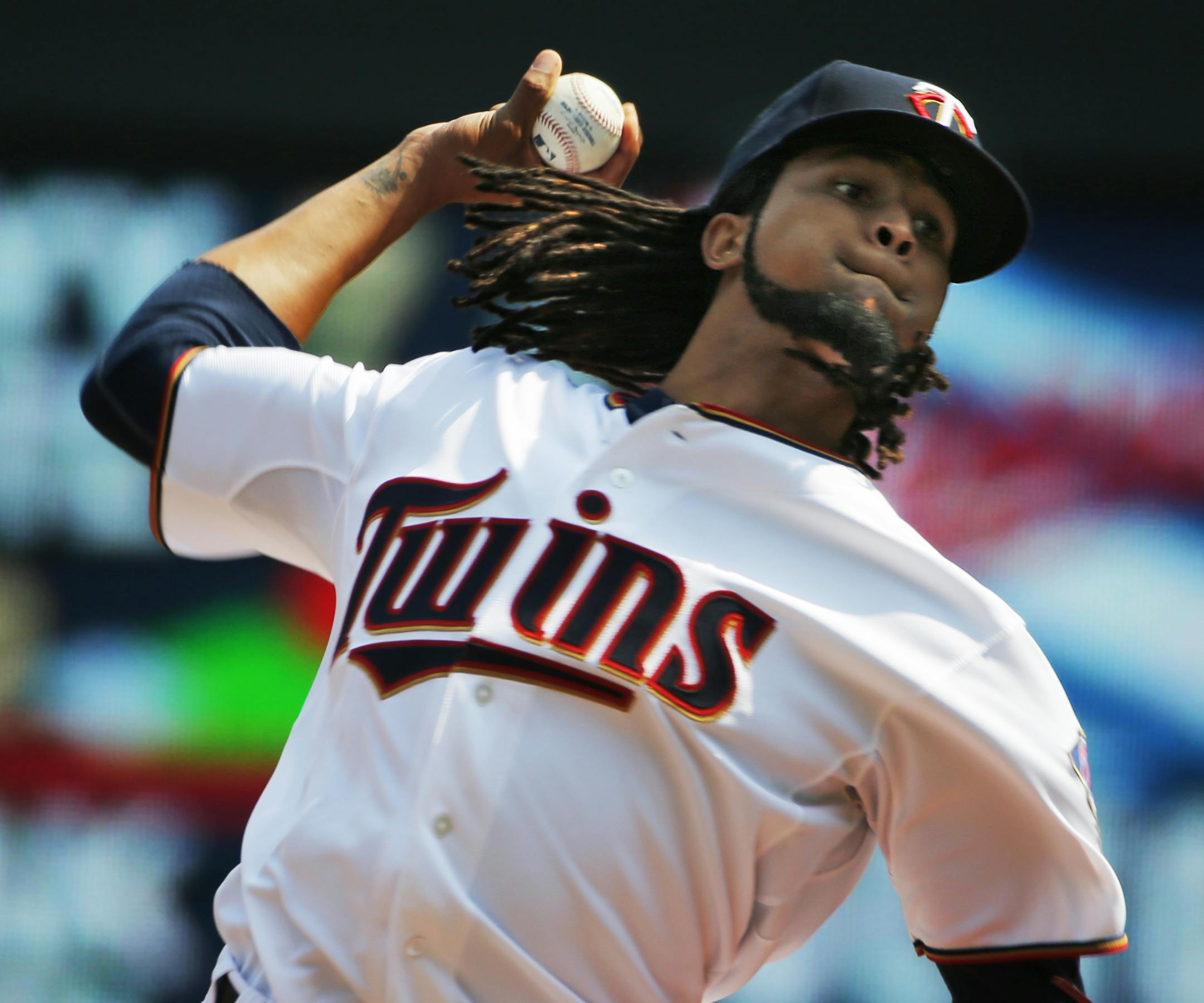 Ervin Santana(54) pitched seven scoreless innings for the Twins.] At the Twins vs Astros game at Target Field on 8/30/2015Richard Tsong-Taatarii/rtsong-taatarii@startribune.com
