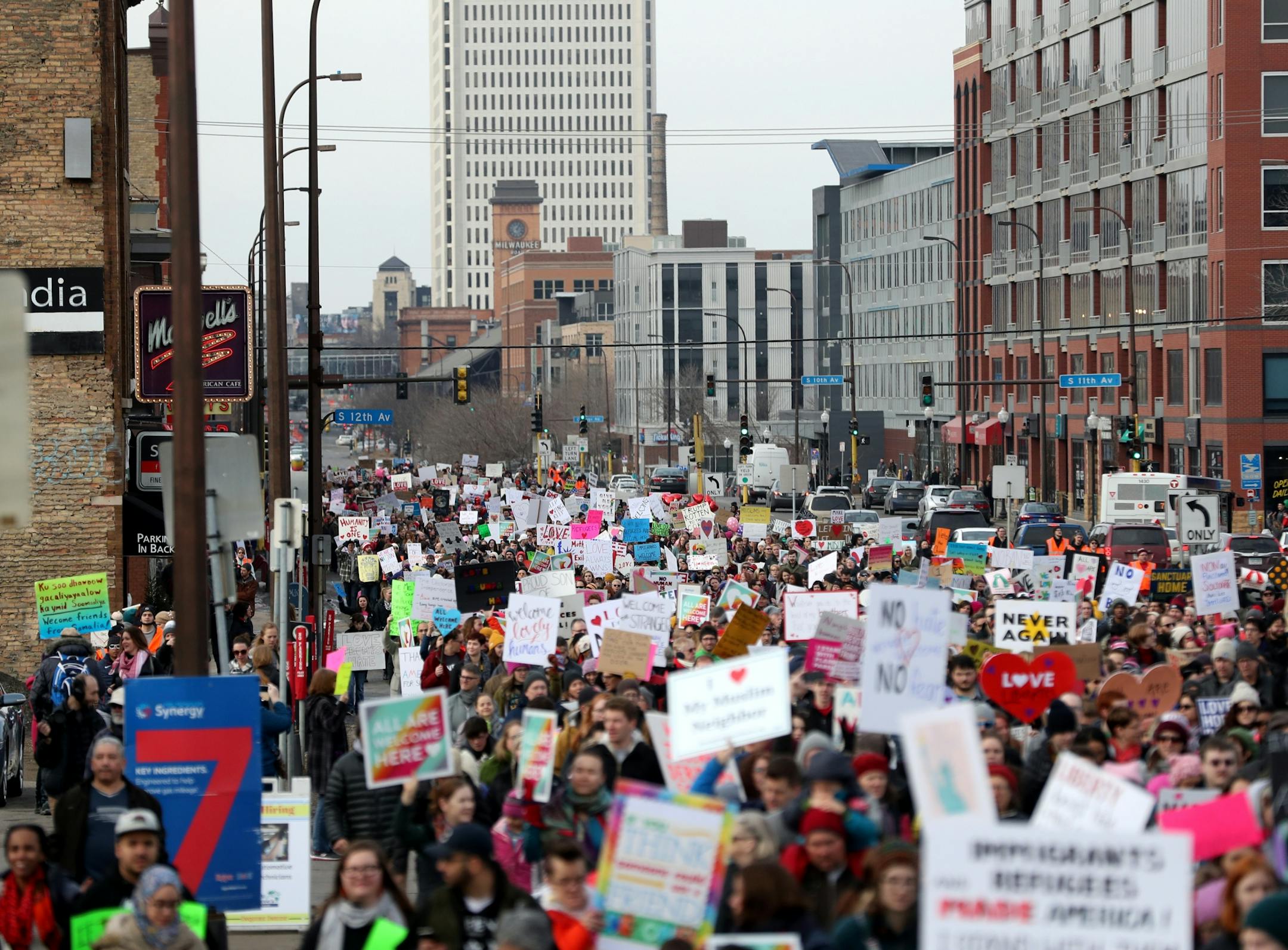A huge crowd took place in The Caravan of Love: A Walk of Love for Immigrants and Refugees as it moved from the Minneapolis City Hall down Washington Ave. towards the Cedar-Riverside neighborhood Saturday, Feb. 11, 2016, in Minneapolis, MN.