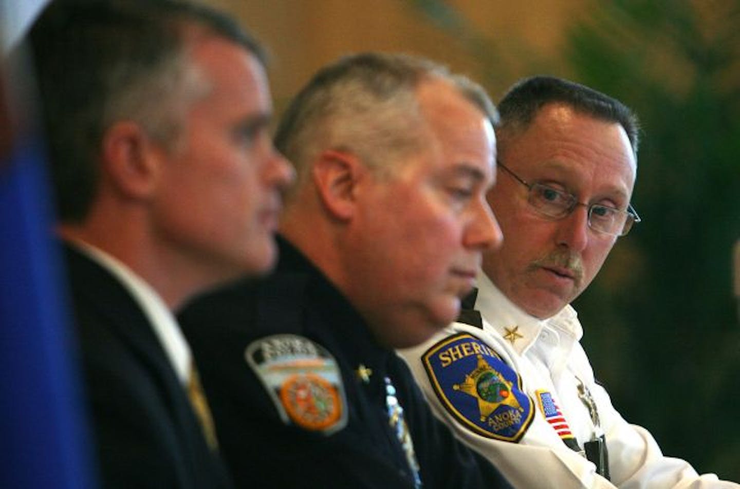 Anoka County Sheriff Bruce Andersohn, right, talked about being out of leads in the death of Jelani Brinson. With him were Anoka Police Chief Phil Johanson, middle, and detective Dan Douglas.