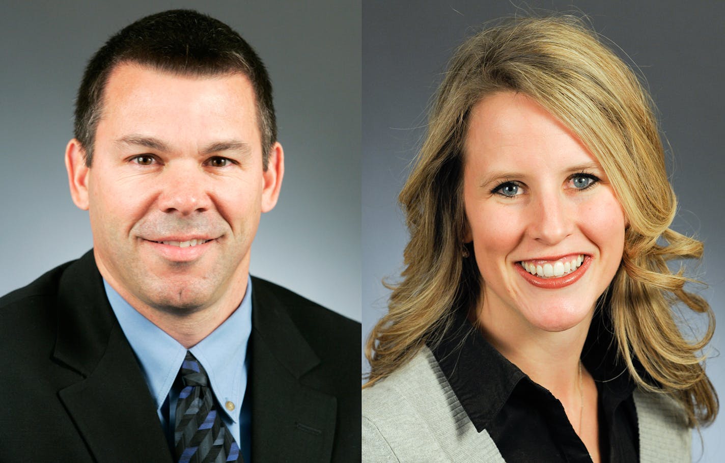 FILE - This combination of photos provided Sept. 2, 2015 by the Minnesota House of Representatives shows Rep. Tim Kelly, R-Red Wing, left, and Rep. Tara Mack, R-Apple Valley. The two lawmakers cited for making out in a public park have apologized to the ranger whom they accused of lying about the incident and have agreed to leave a House ethics panel pending a potential complaint against them. (Courtesy Minnesota House of Representatives via AP, File)