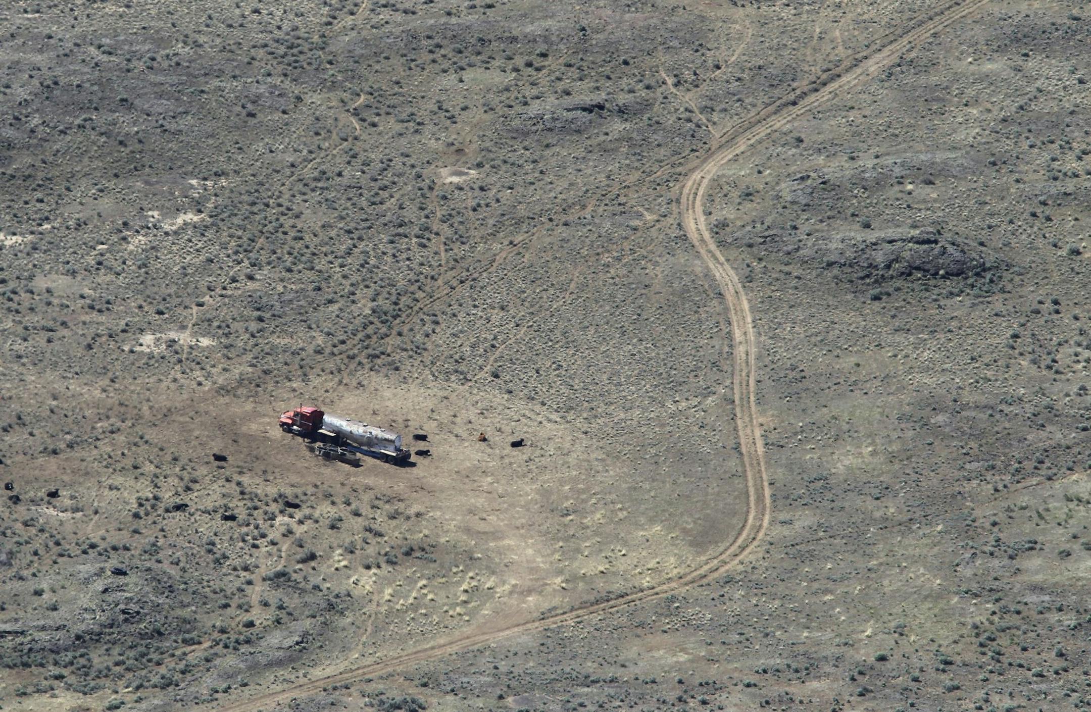 A tanker truck is used to truck in water for a small herd of Angus cows in areas where no water is accessible as they graze on native and non-native grasses on land managed by the Bureau of Land Management near Atomic City, Idaho. Because of drought condition the BLM has cut the amount of grazing available to ranchers. (Allen J. Schaben/Los Angeles Times/MCT)
