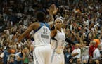 Lynx Maya Moore and Rebekkah Bruson celebrate with only seconds left in the game.