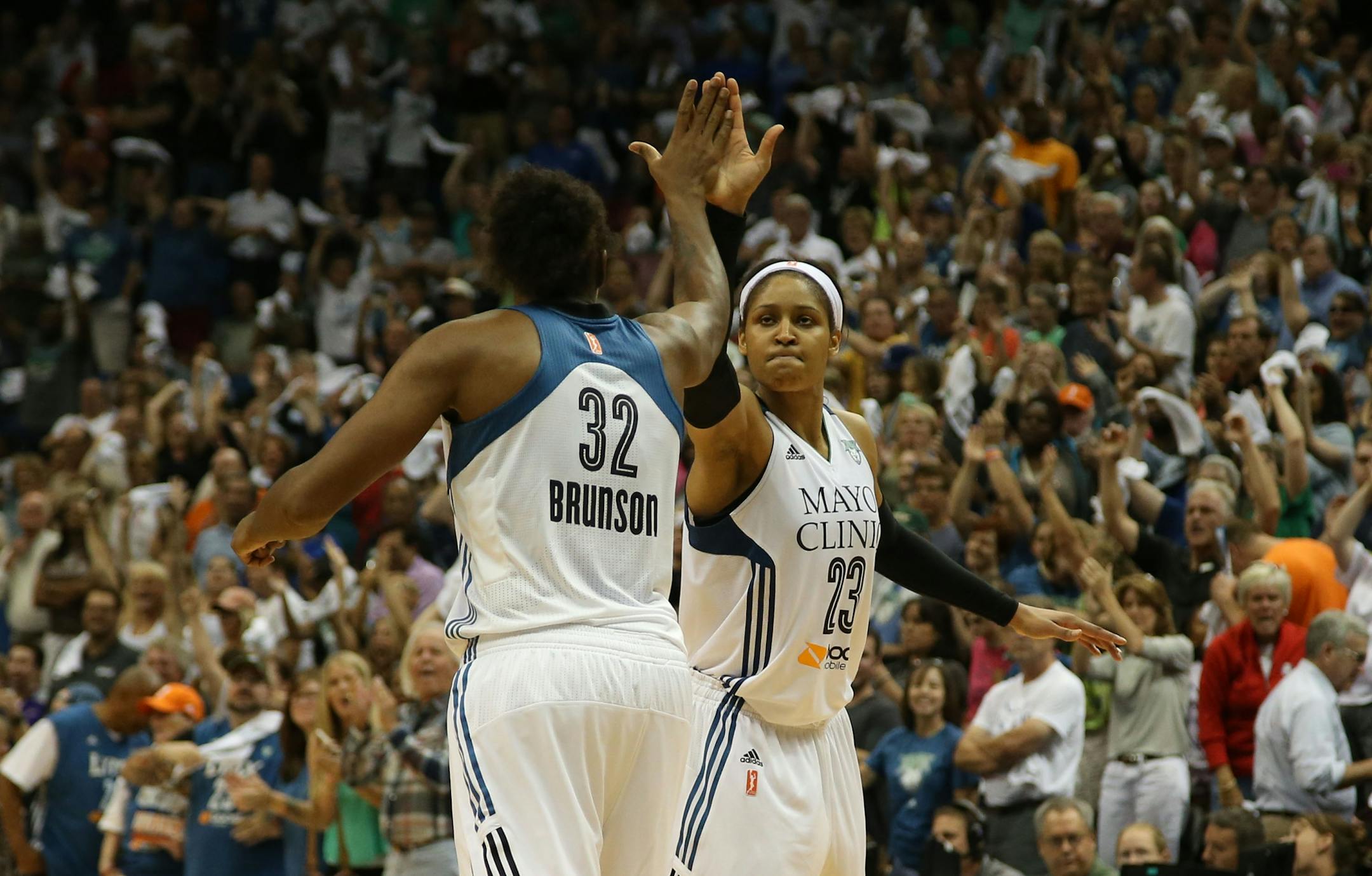Lynx Maya Moore and Rebekkah Bruson celebrate with only seconds left in the game.