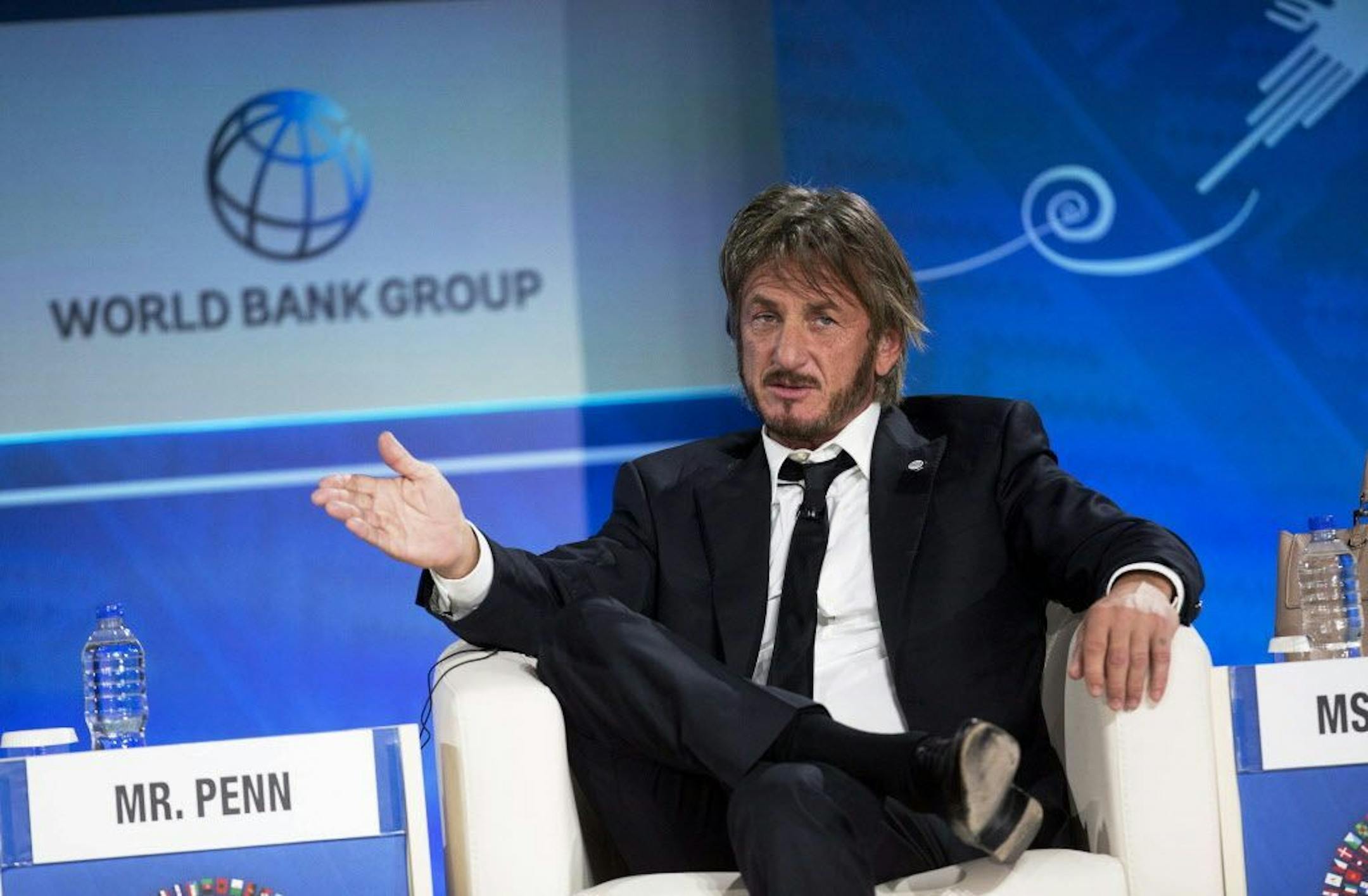 FILE - In this Thursday, Oct. 8, 2015 file photo, Sean Penn speaks during a forum with young entrepreneurs during the IMF and World Bank annual meeting in Lima, Peru.