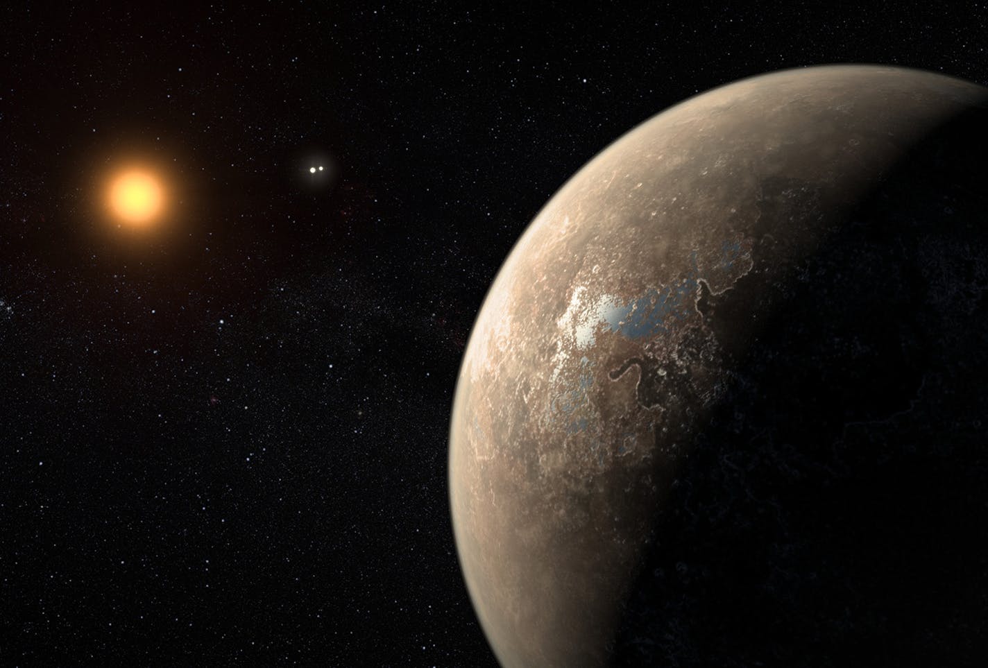 This artist's impression shows the planet Proxima b orbiting the red dwarf star Proxima Centauri, the closest star to the Solar System. Proxima b is a little more massive than the Earth and orbits in the habitable zone around Proxima Centauri, where the temperature is suitable for liquid water to exist on its surface. (M. Kornmesser/ESO)