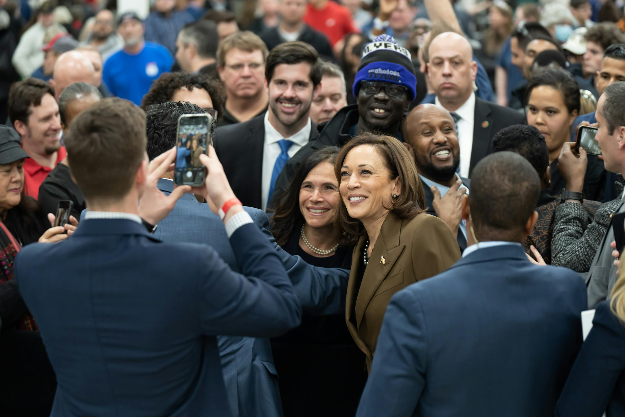 Vice President Kamala Harris shook hands and photos with the assembled crowd after touring the final assembly plant for New Flyer electric buses, Thursday, Feb. 9, 2023  St. Cloud, Minn.