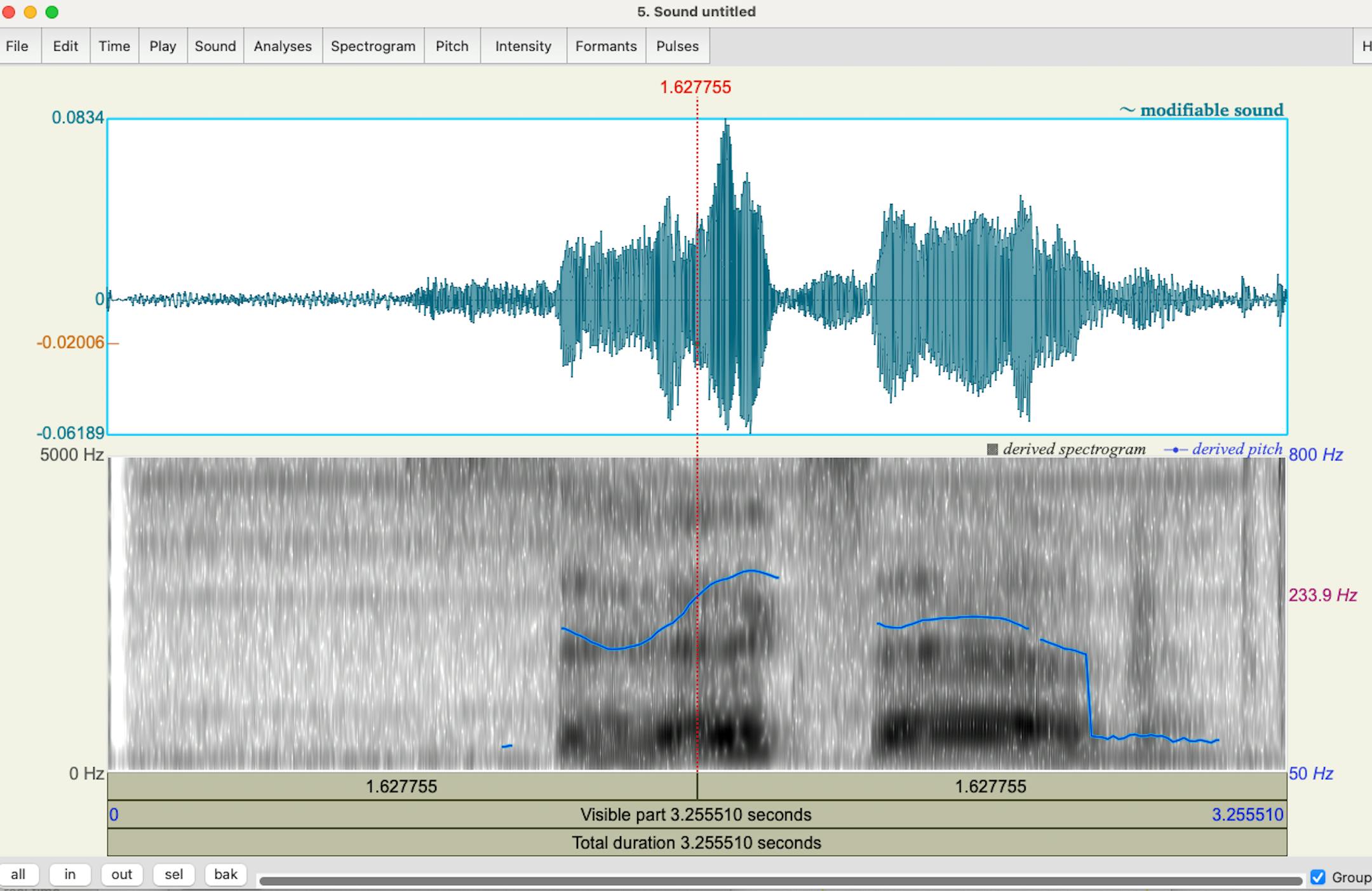 A screenshot of an audio file shows the sound wave and the pitch pattern.
