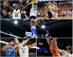 Reid Travis, center, is among the top college basketball players from Minnesota playing elsewhere in D-1. He joins (clockwise from upper left) McKinle