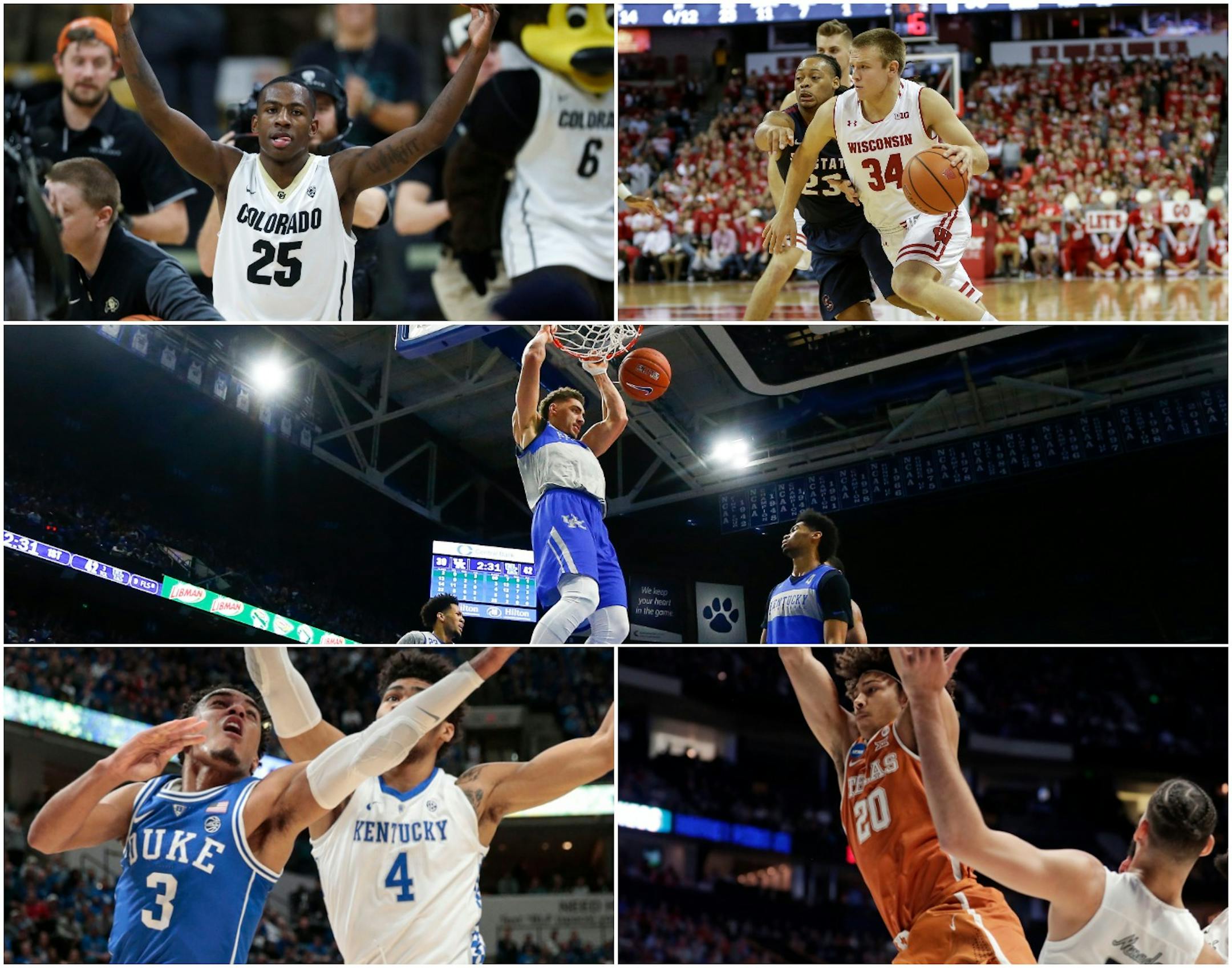 Reid Travis, center, is among the top college basketball players from Minnesota playing elsewhere in D-1. He joins (clockwise from upper left) McKinley Wright, Brad Davison, Jericho Sims and Tre Jones.