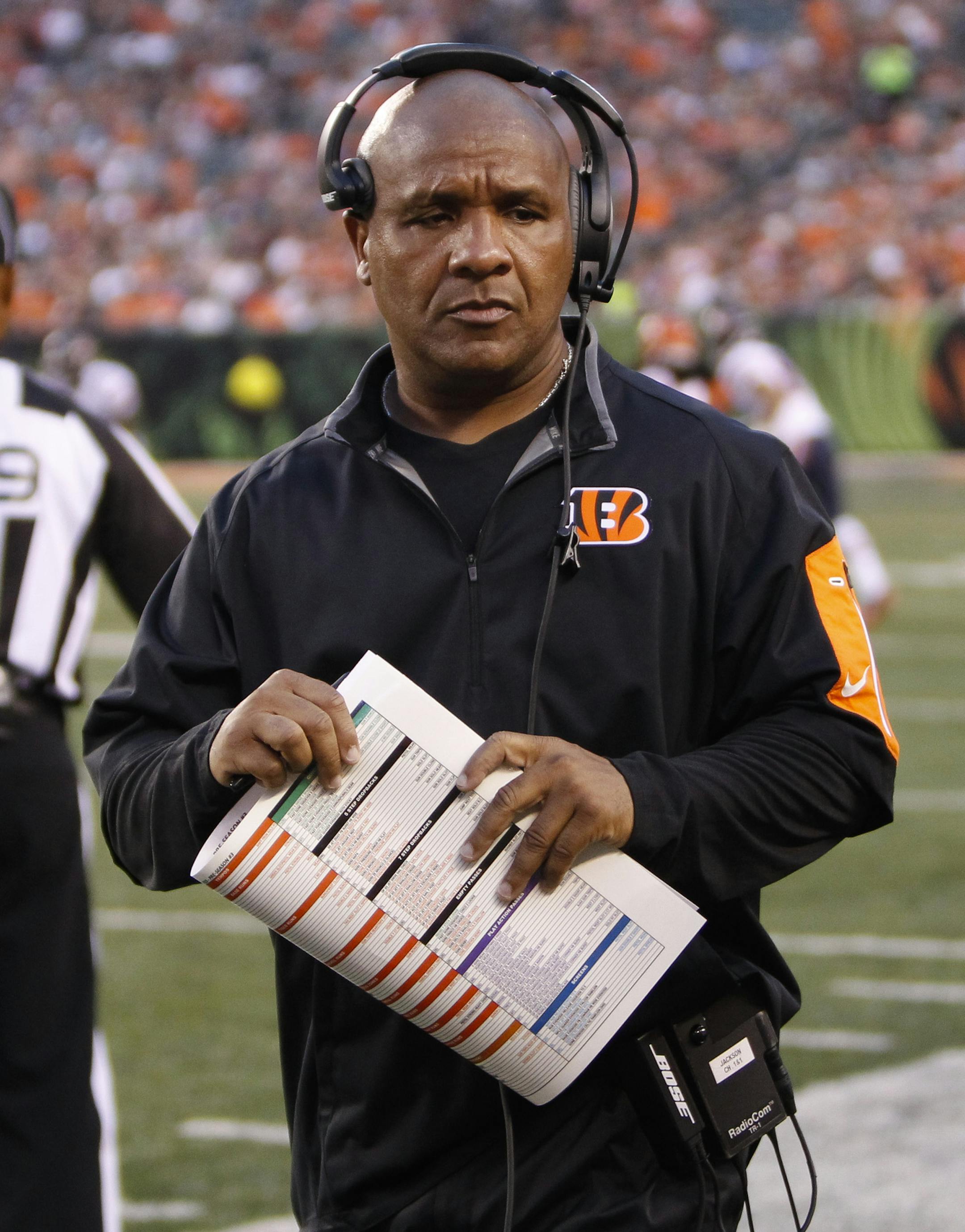Cincinnati Bengals offensive coordinator Hue Jackson in the first half of an NFL preseason football game, Saturday, Aug. 29, 2015, in Cincinnati. (AP Photo/Frank Victores) ORG XMIT: OHJM