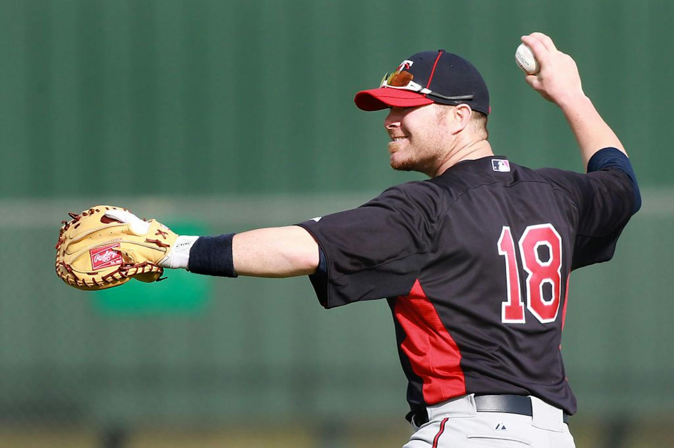 Minnesota Twins catcher Ryan Doumit threw the ball during the morning warm up routine at a practice field next to Hammond Stadium, Monday, February 20, 2012 in Ft. Myers, FL.