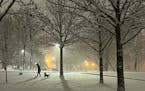 A person and their dog walking through the snow at Father Hennepin Park in Minneapolis.