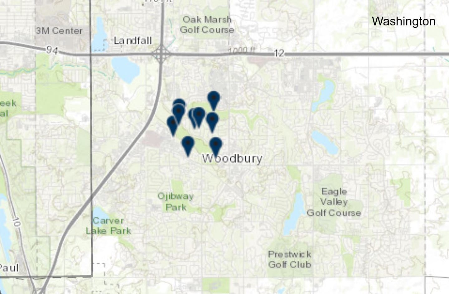 An area of Woodbury where bear sightings have been reported to the Minnesota DNR.