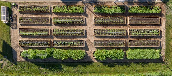 An aeriel view of the Grow and Give garden at Every Meal headquarters. Some community gardens donate their summer harvests to Every Meal to feed the h