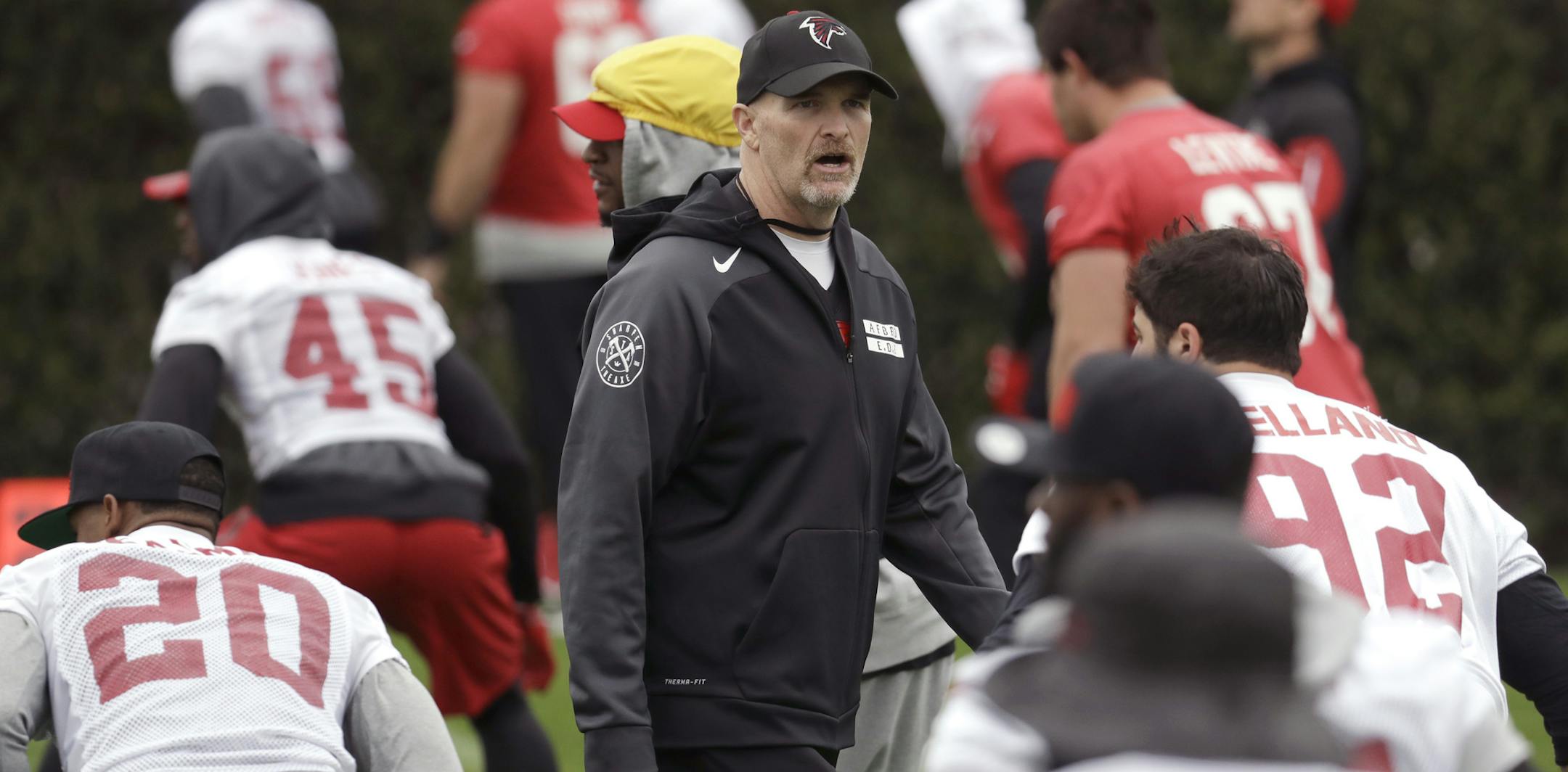 Atlanta Falcons head coach Dan Quinn watches over a practice for the NFL Super Bowl 51 football game Friday, Feb. 3, 2017, in Houston. Atlanta will face the New England Patriots in the Super Bowl Sunday. (AP Photo/Eric Gay)
