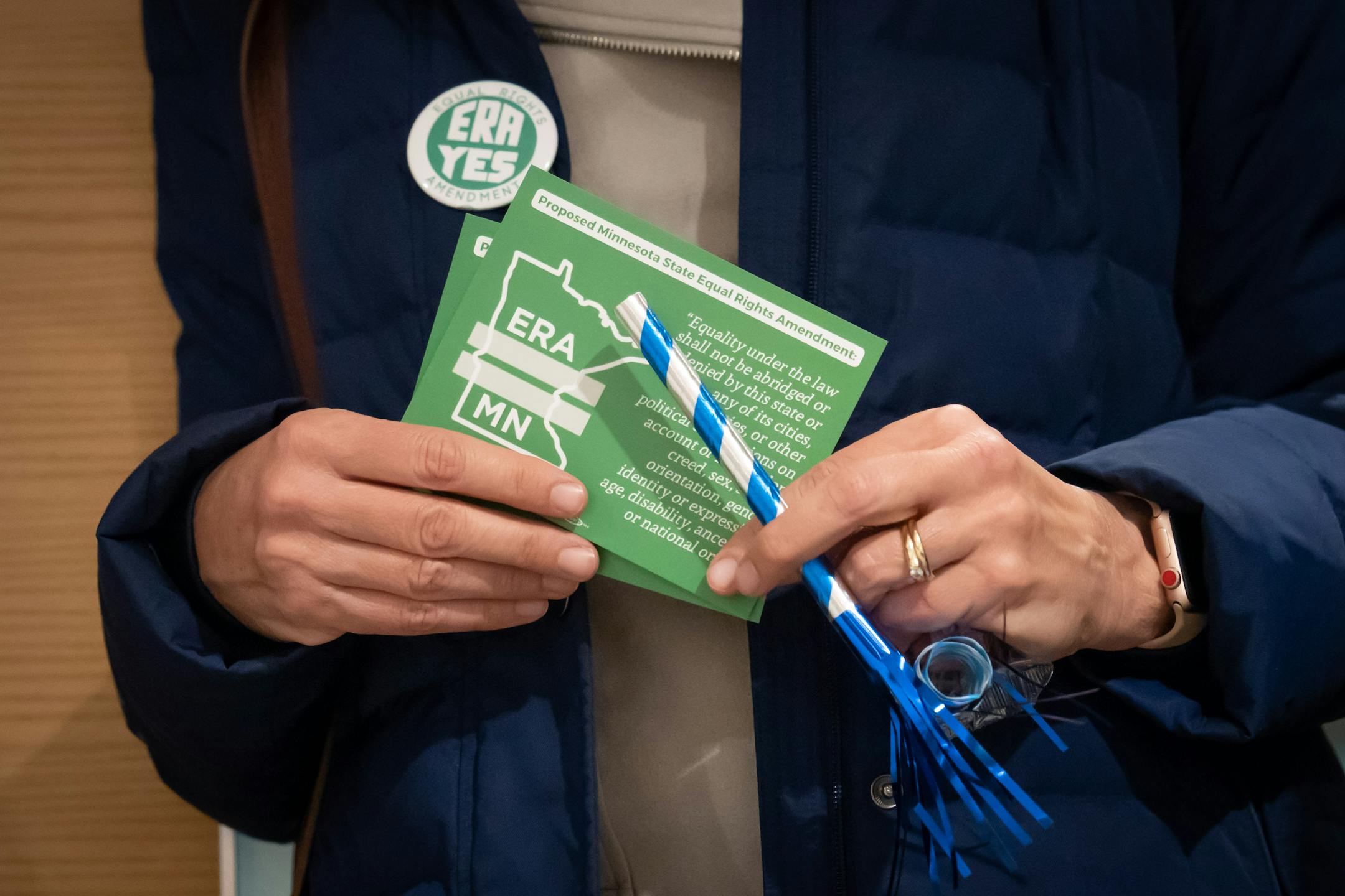 A group of Equal Rights Amendment backers passed out literature and blew noisemakers as they walked around the State Capitol doing an advocacy day.